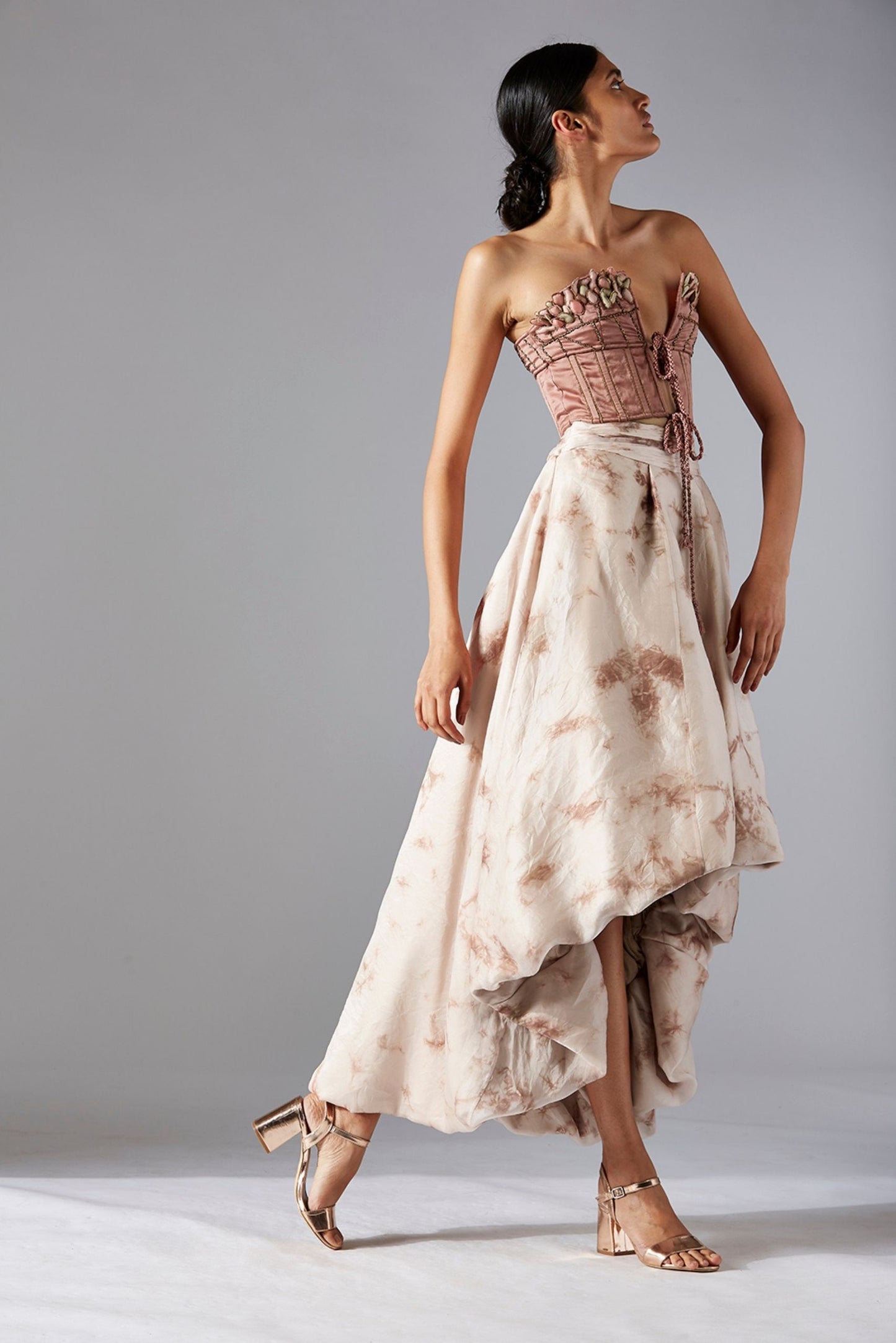 Maze Scrawled stylish top & modern skirt set, featuring unique embroidery and a flared batik skirt for a chic, elegant look