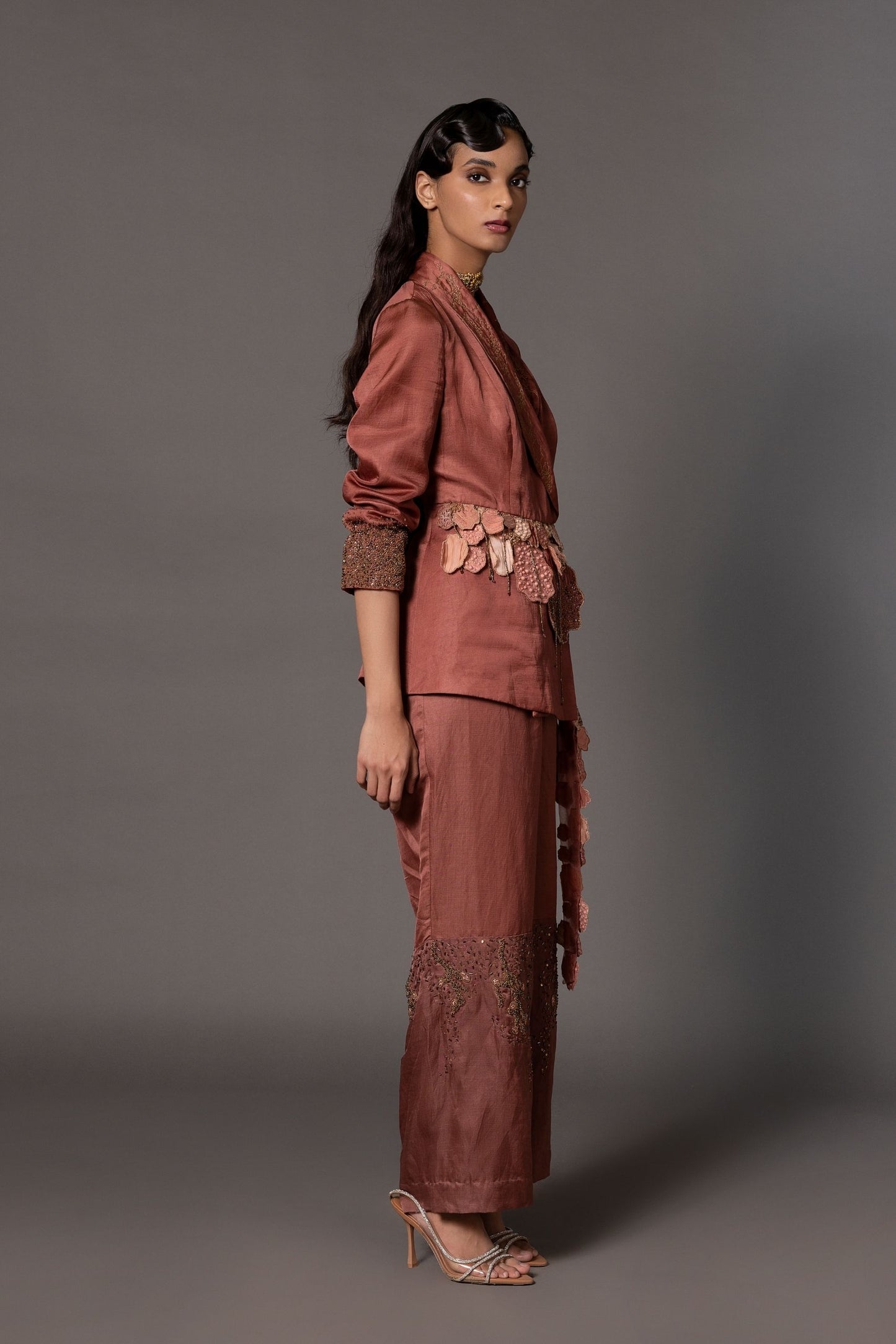Side View of Desert Rose Embroidered Jacket & Beaded Trousers Set - Terracotta Jacket with 3D Beadwork and Matching Beaded Trousers