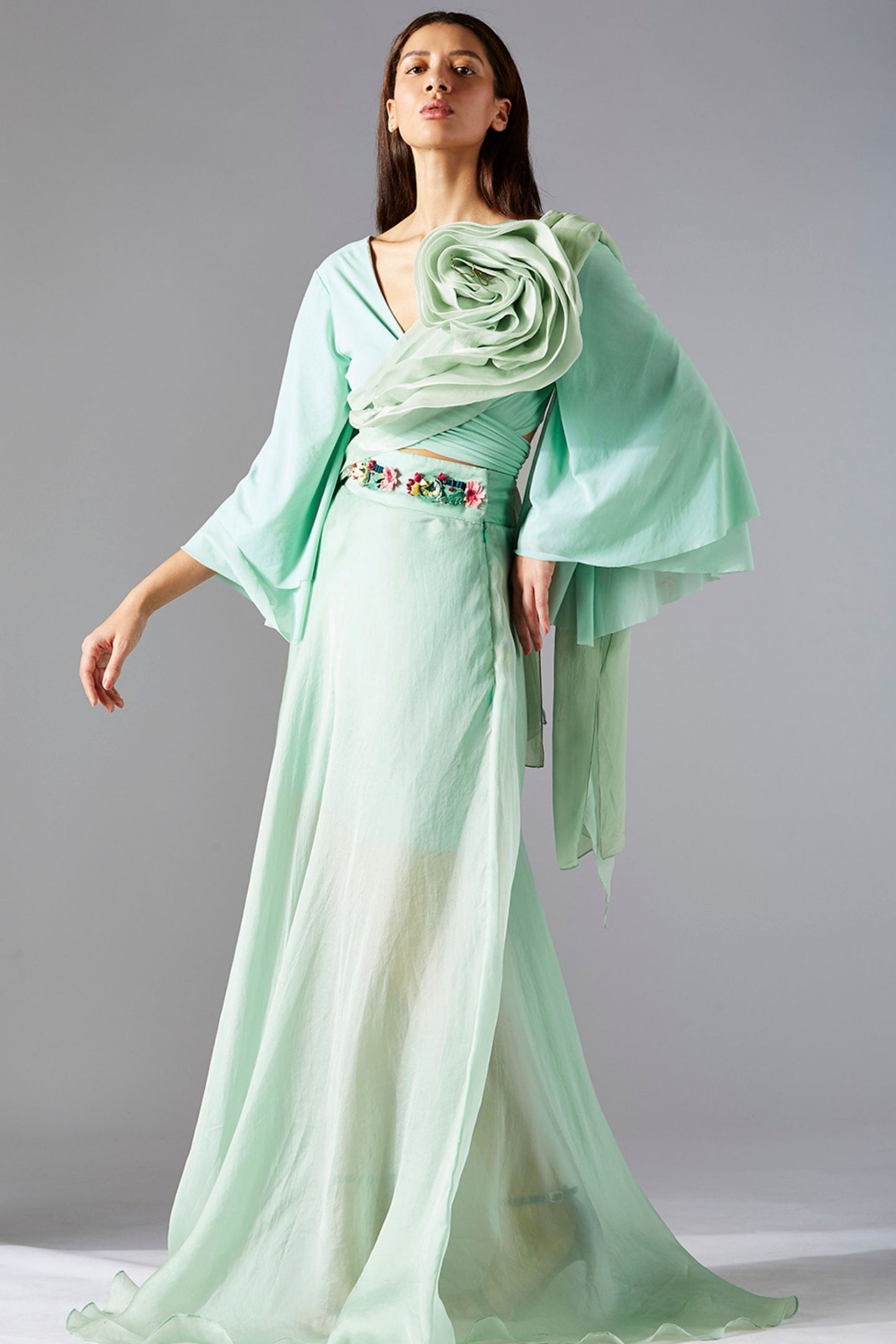 Full view of the blouse and skirt dress, highlighting the elegant long skirt and blouse combination with floral embroidery