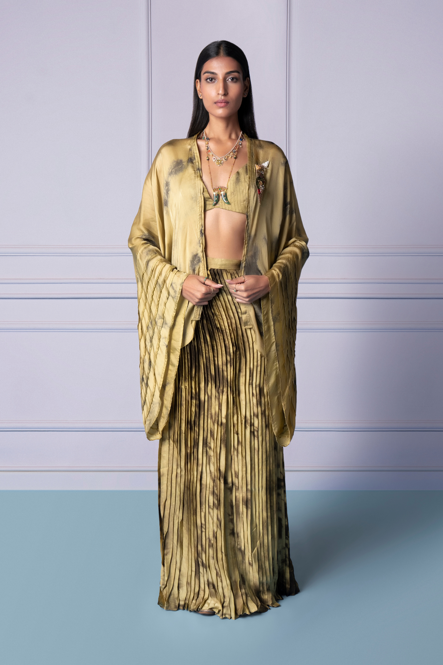 Marshscape bralette and skirt set with pleated organza skirt and matching shrug for women