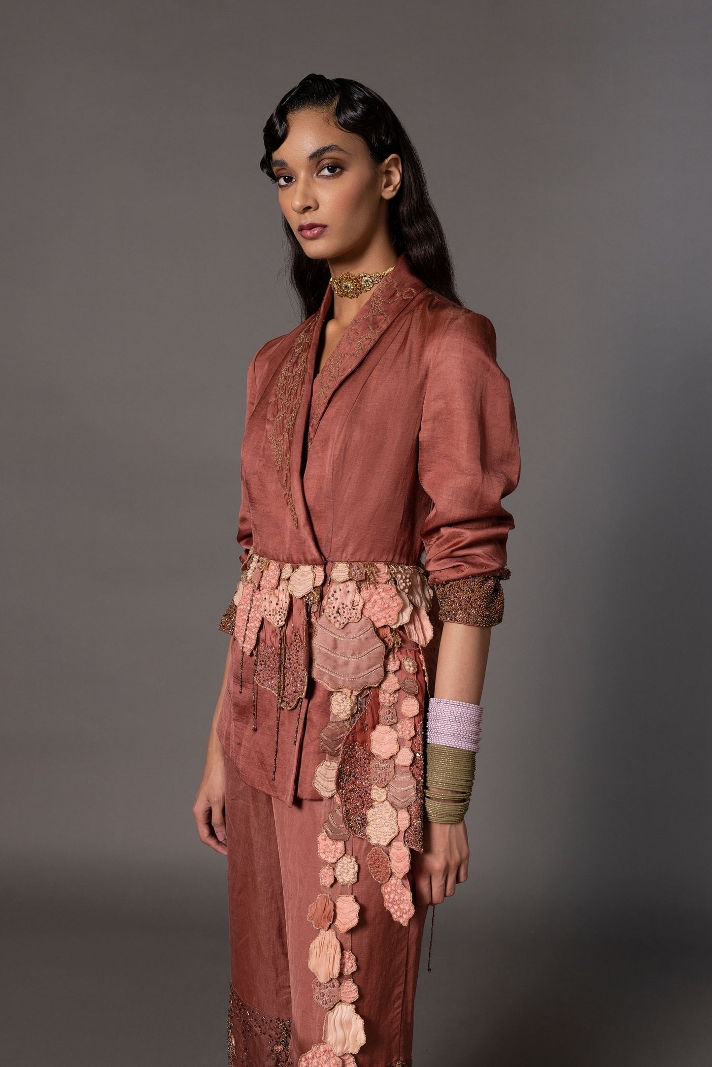 Close-up of 3D Beadwork and Hand-Embroidered Lapels on Desert Rose Jacket