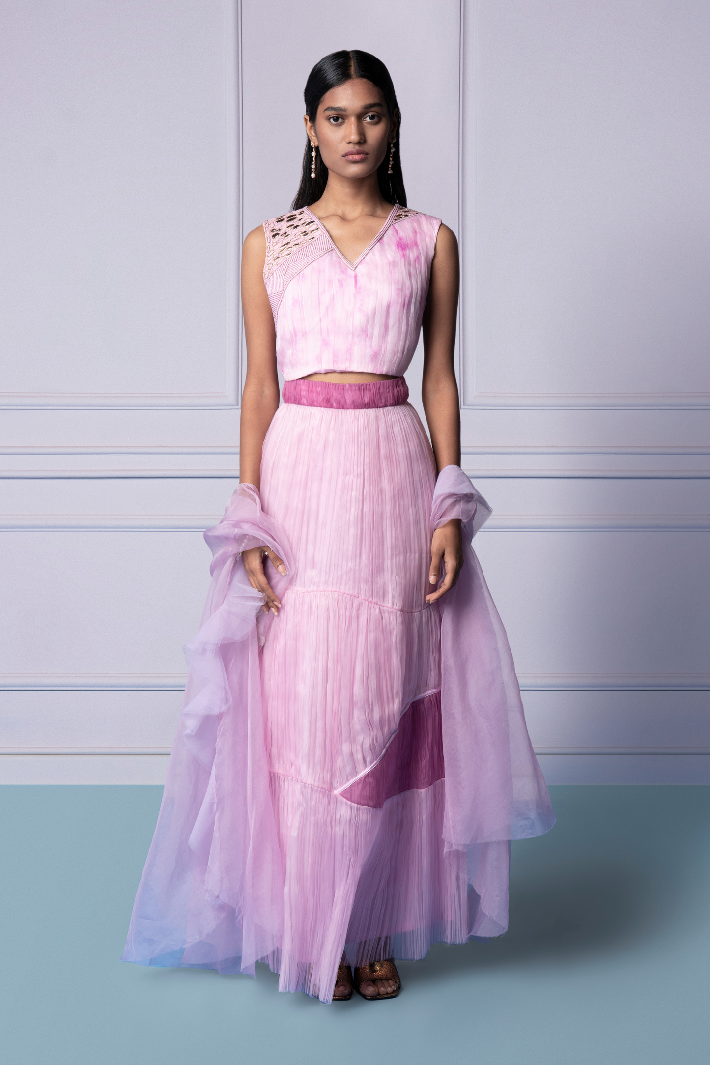 Carnation lehenga set for women featuring mukaish work and a tiered skirt, a stunning and elegant lehenga for festive occasions