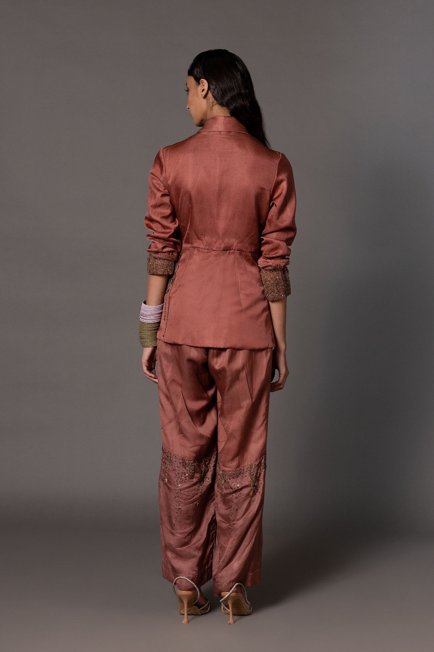 Back View of Desert Rose Embroidered Jacket & Beaded Trousers Set