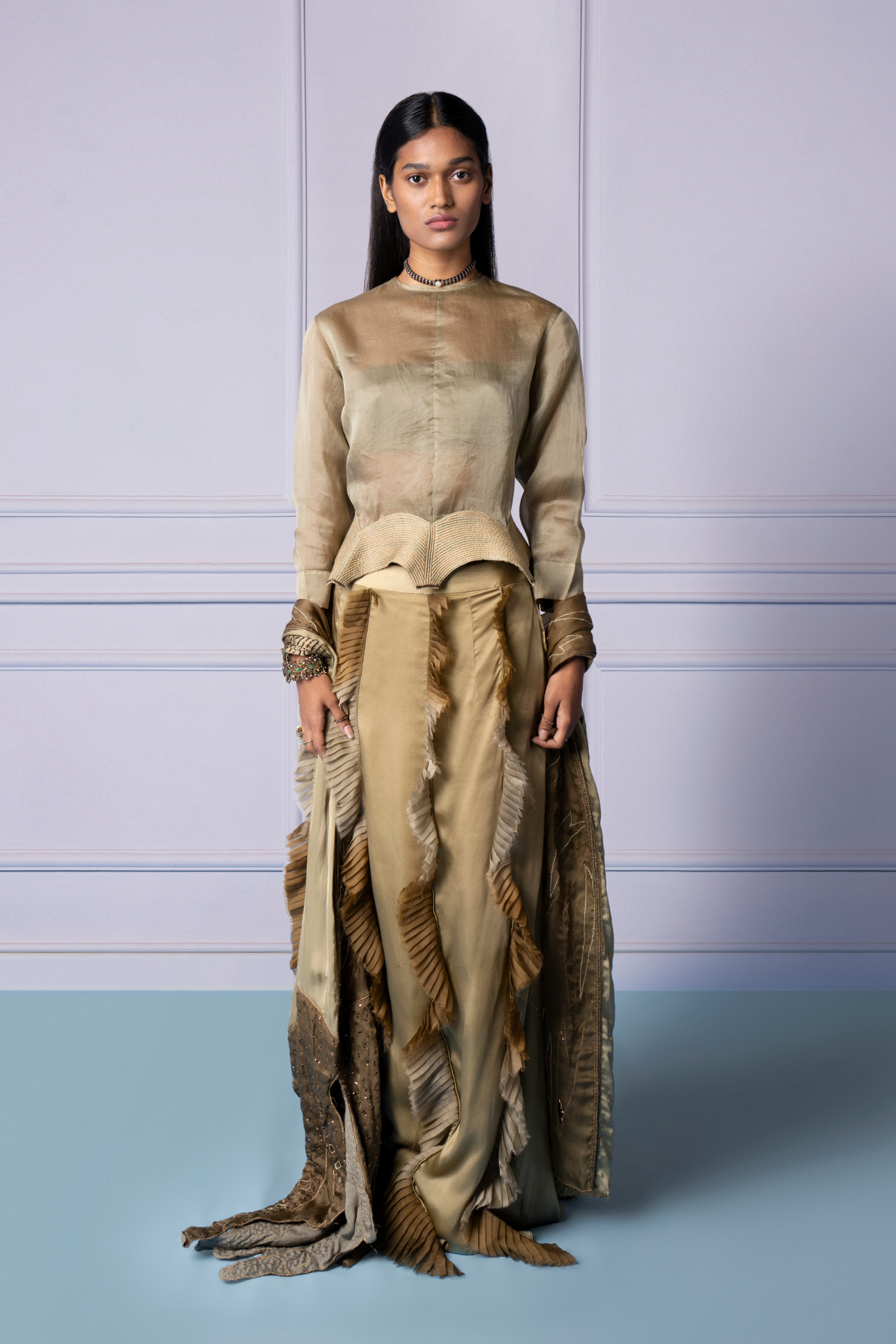 Dune lehenga set for women with hand-embroidered top, multi-hued frills, and stunning dupatta
