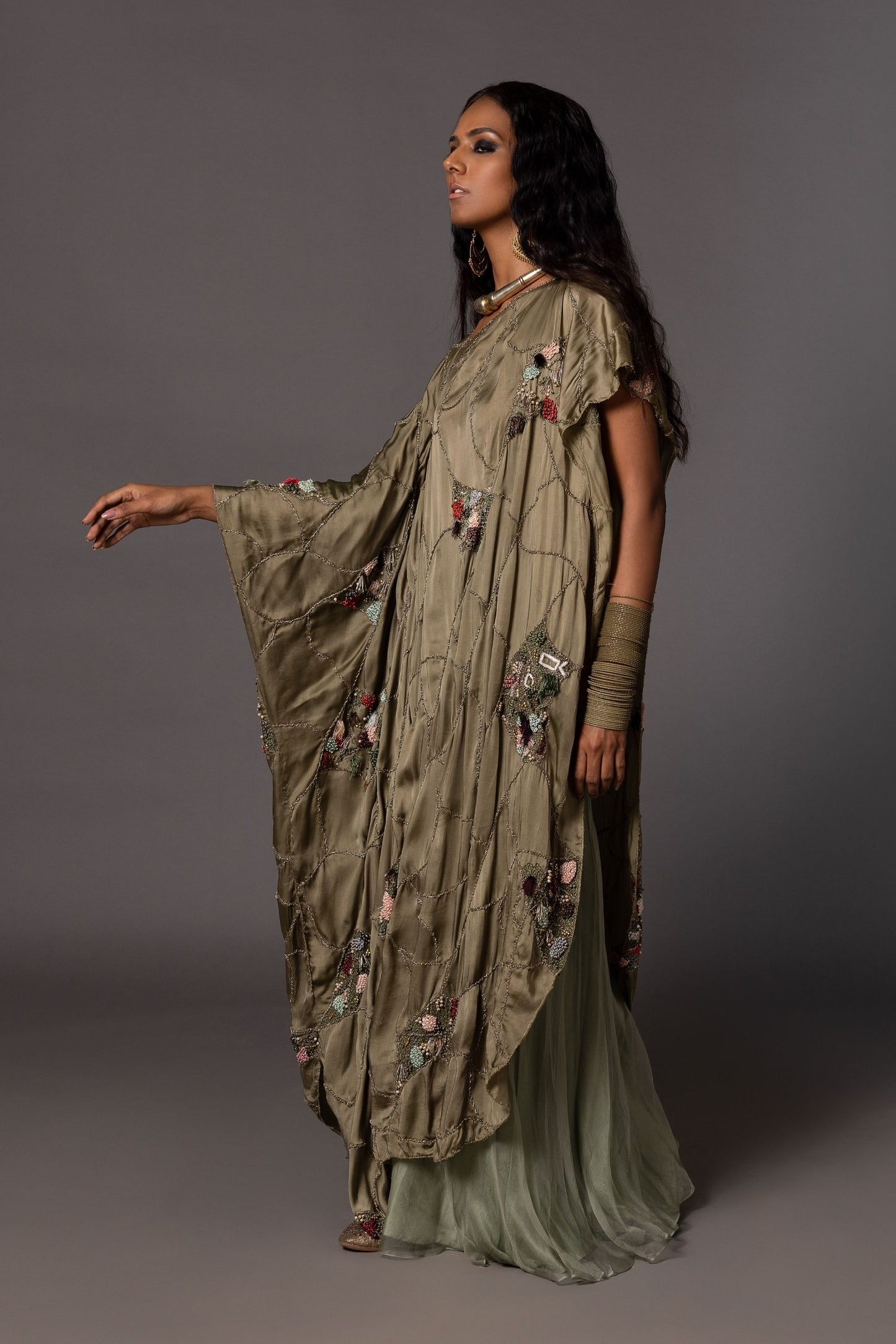 Topiary Gold Kaftan and Flared Trousers Set Worn by Model - Elegant Women's Kaftan and Trouser Set