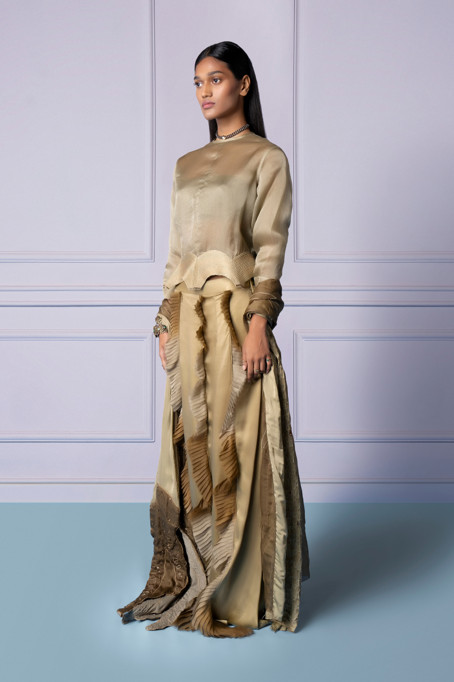Full view of Dune lehenga set with multi-hued frills and top