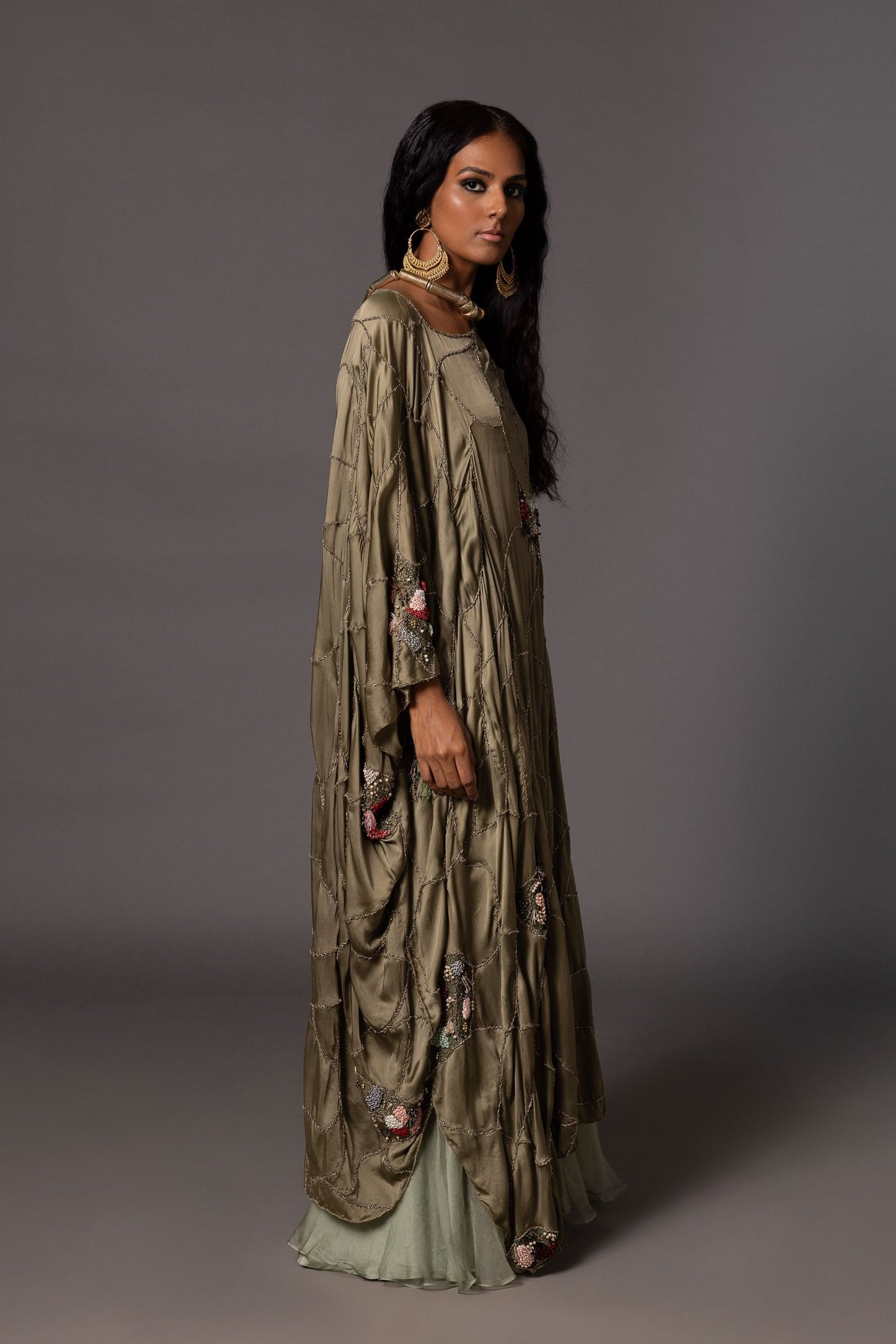 Side View of Topiary Gold Kaftan and Flared Trousers Set - Elegant Kaftan with Organza Layering