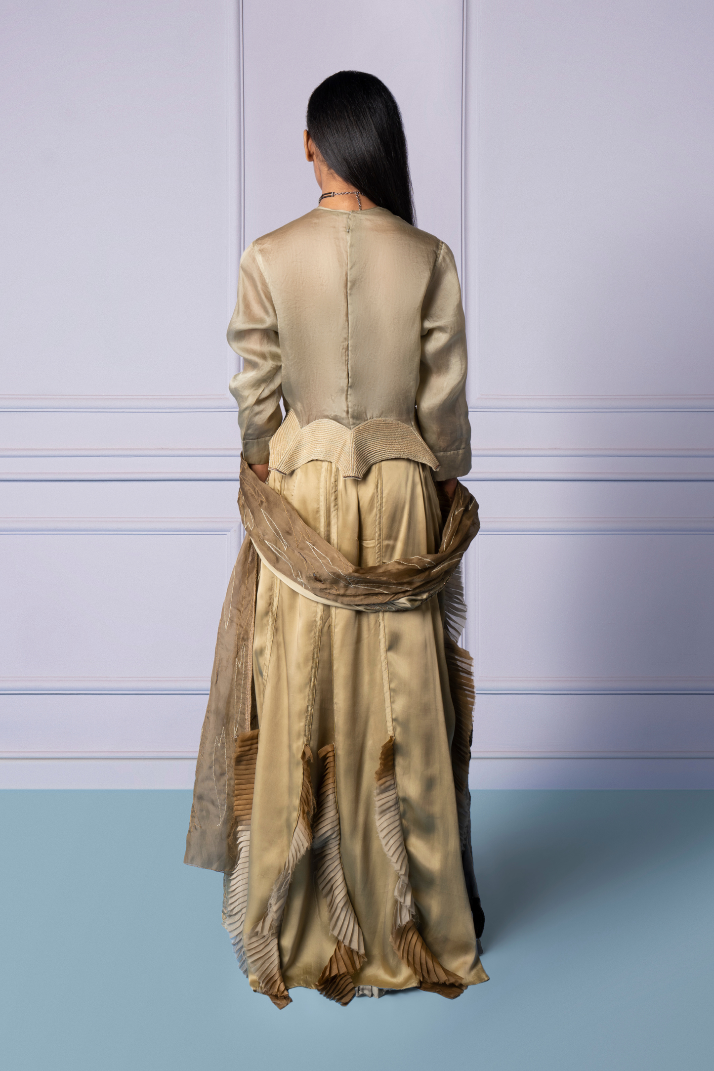 Back view of Dune lehenga set with top and embroidered dupatta