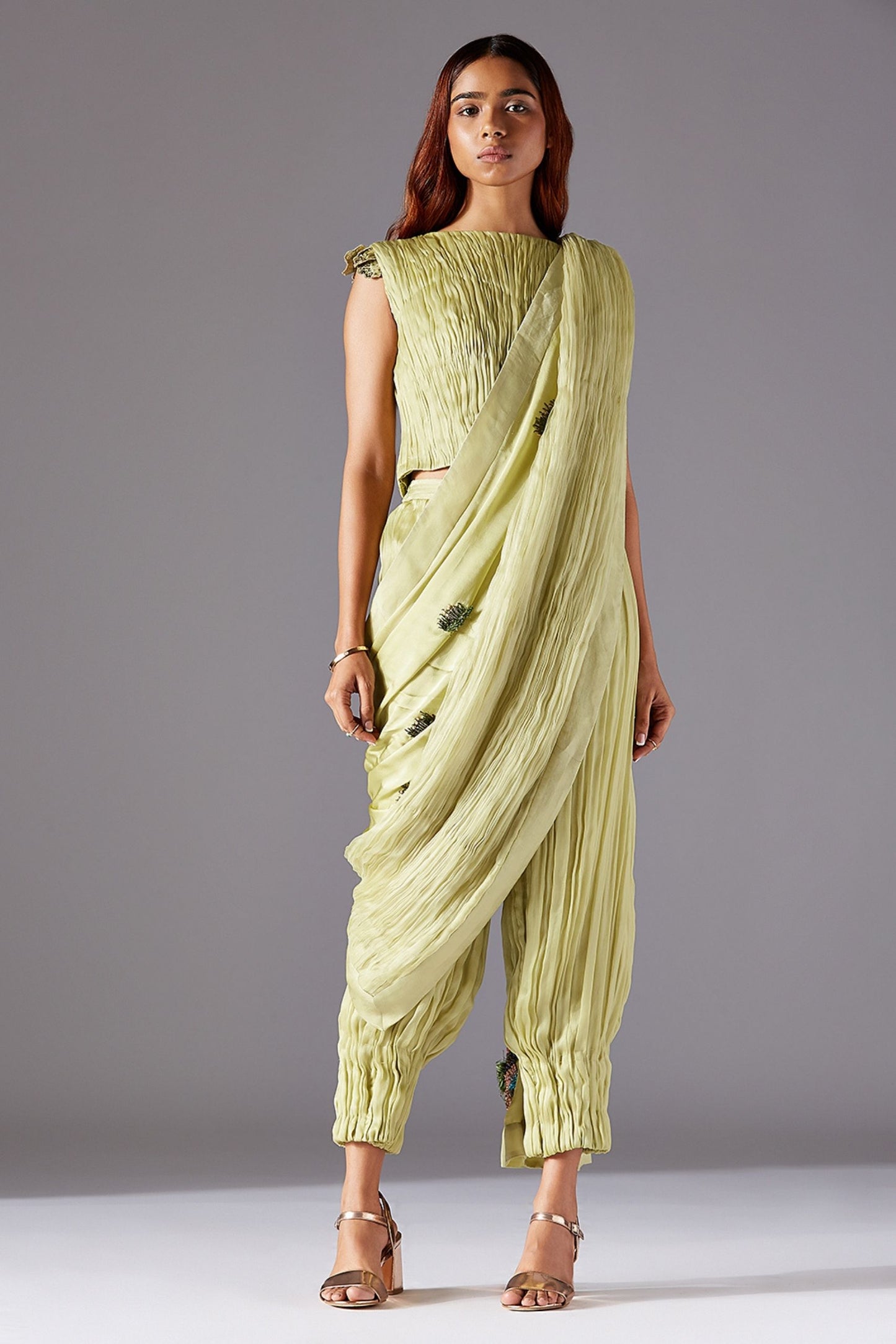 Ruching Pant and Top Set with Embroidered Dupatta - Elegant Outfit for Women with Chic Design