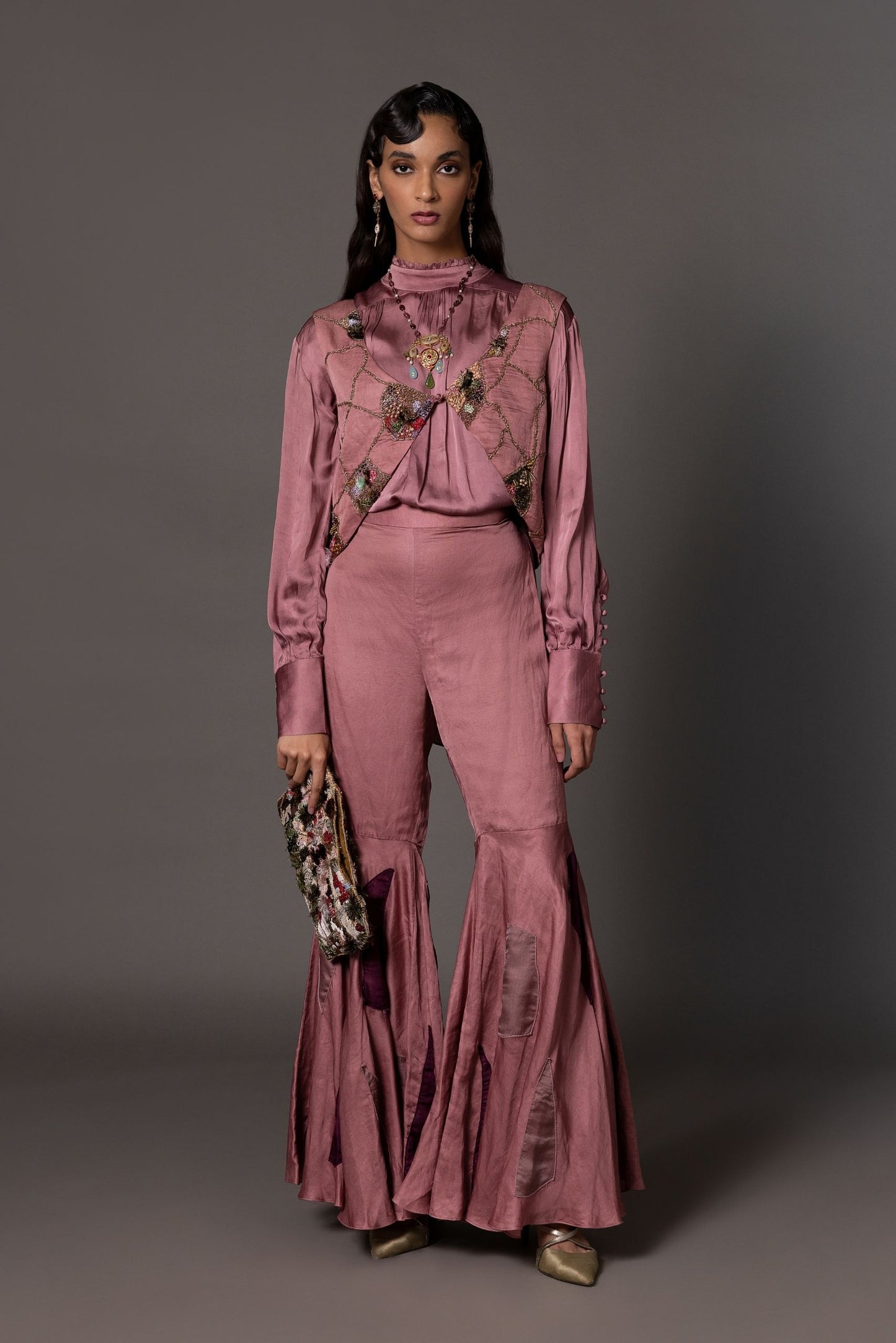 Mesa Embroidered Jacket, Shirt & Gharara Set - Pink Jacket with Handmade Buttons, Delicate Threadwork, Beads, and Embroidered Gharara