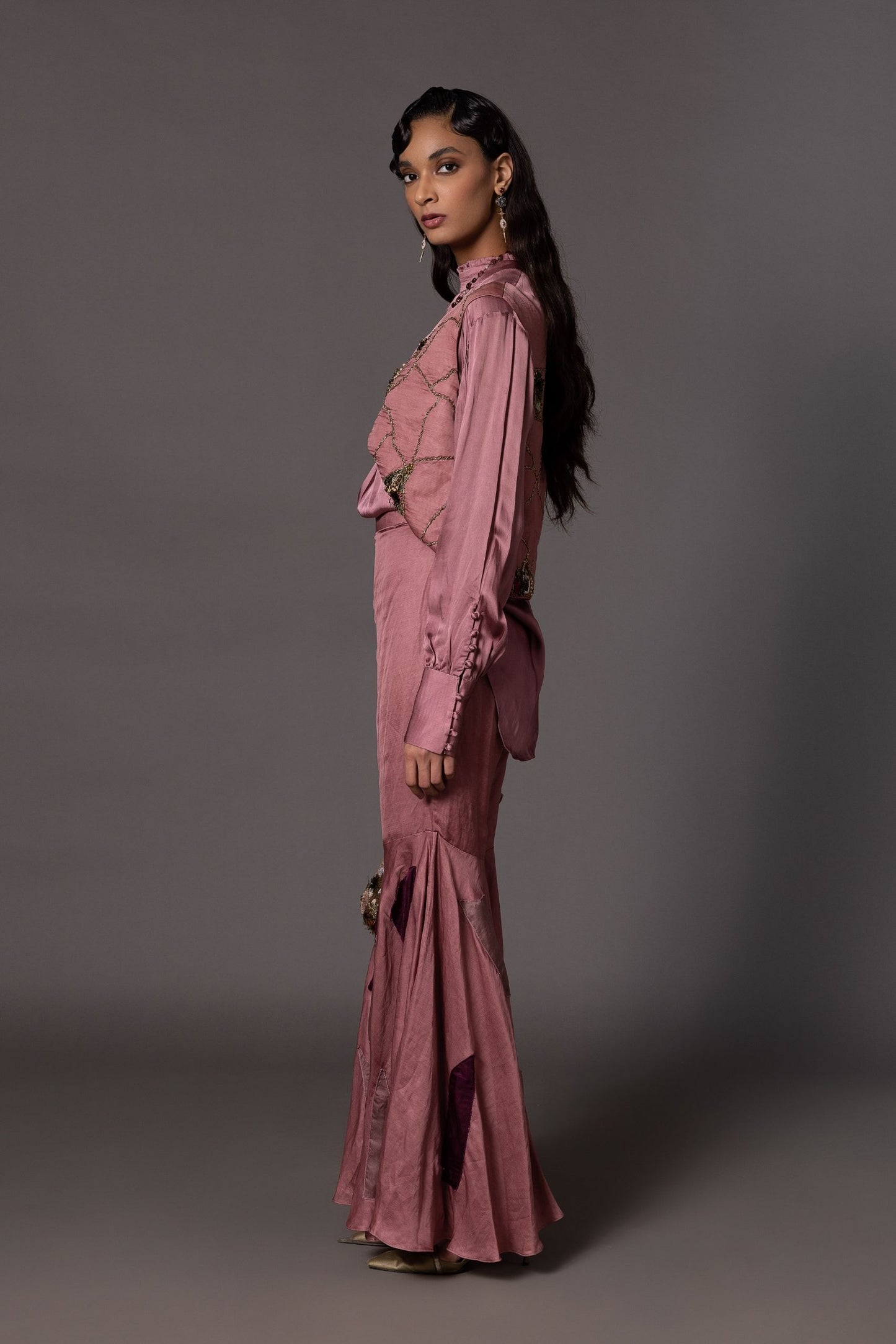 Side View of Mesa Pink Embroidered Jacket with Loose-Fit Shirt and Gharara Set