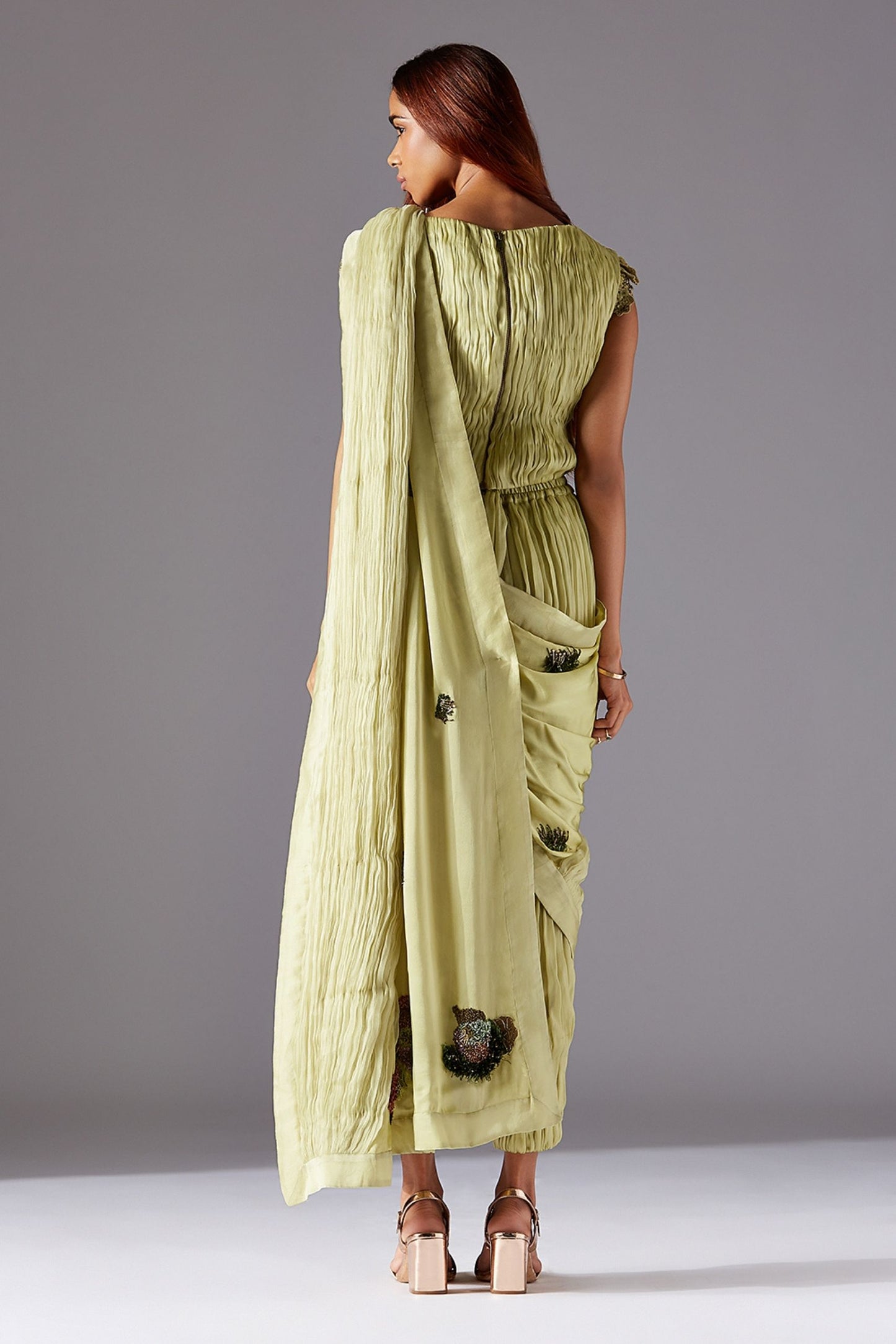 Back View of Elegant Pant and Top Set with Embroidered Dupatta - Features Ruching Details and a Stylish Fit