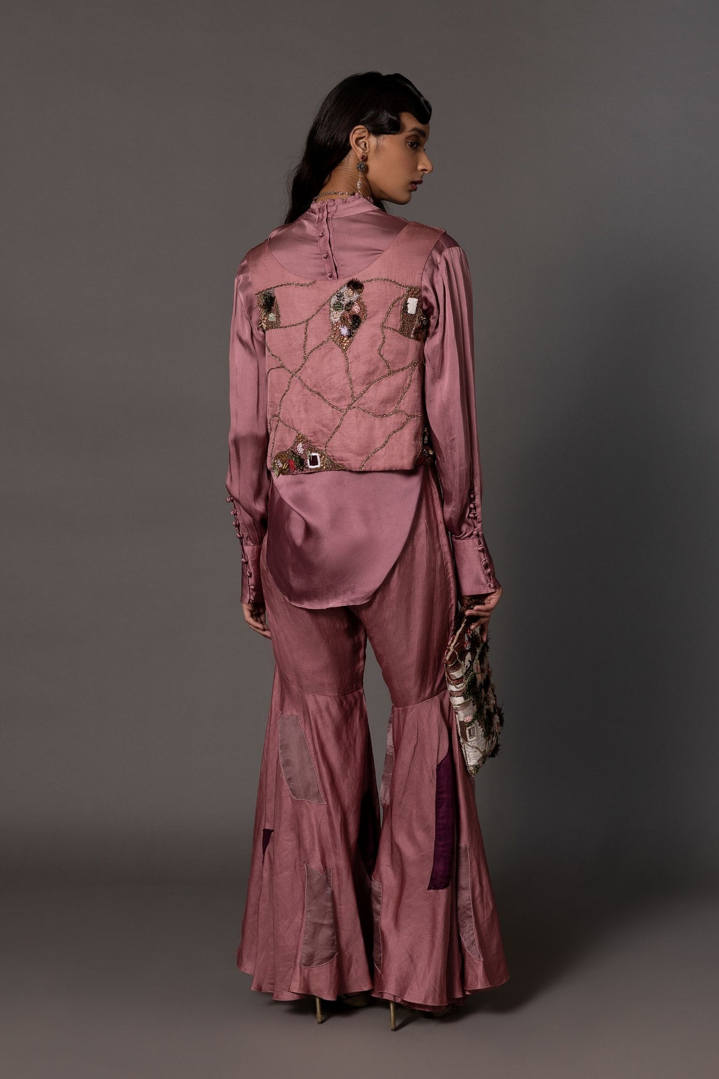 Back View of Mesa Embroidered Gharara Set with Shirt and Jacket - Fine Embroidery Detail