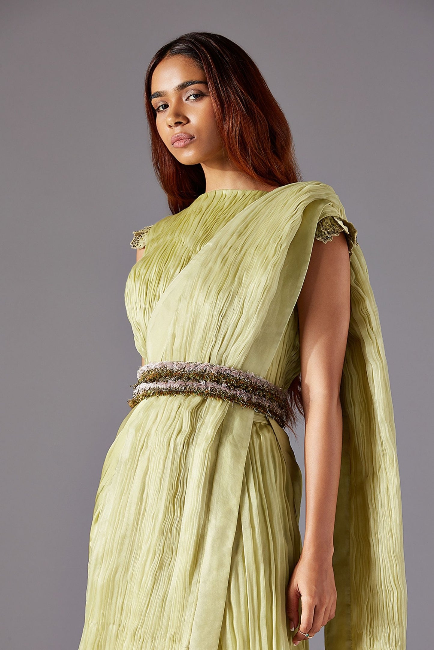 Grass Handwork Belt and Intricate Ruching on Pants - Elegant Women's Set with Embroidered Dupatta by A Humming Way