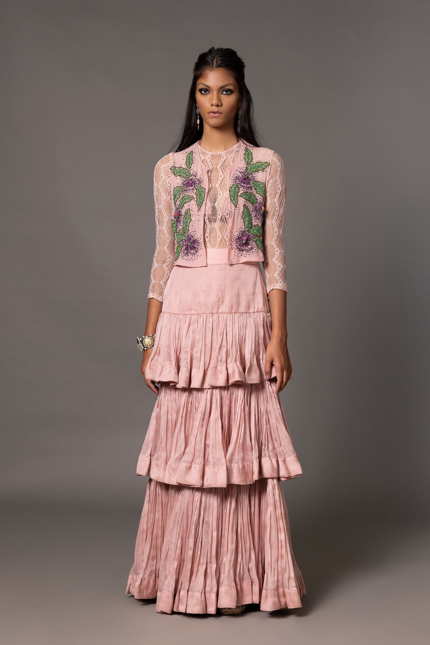 Sang-e-Sitara Lehenga Set featuring a handmade embroidered jacket, lace leotard, and layered skirt, perfect for women's party wear