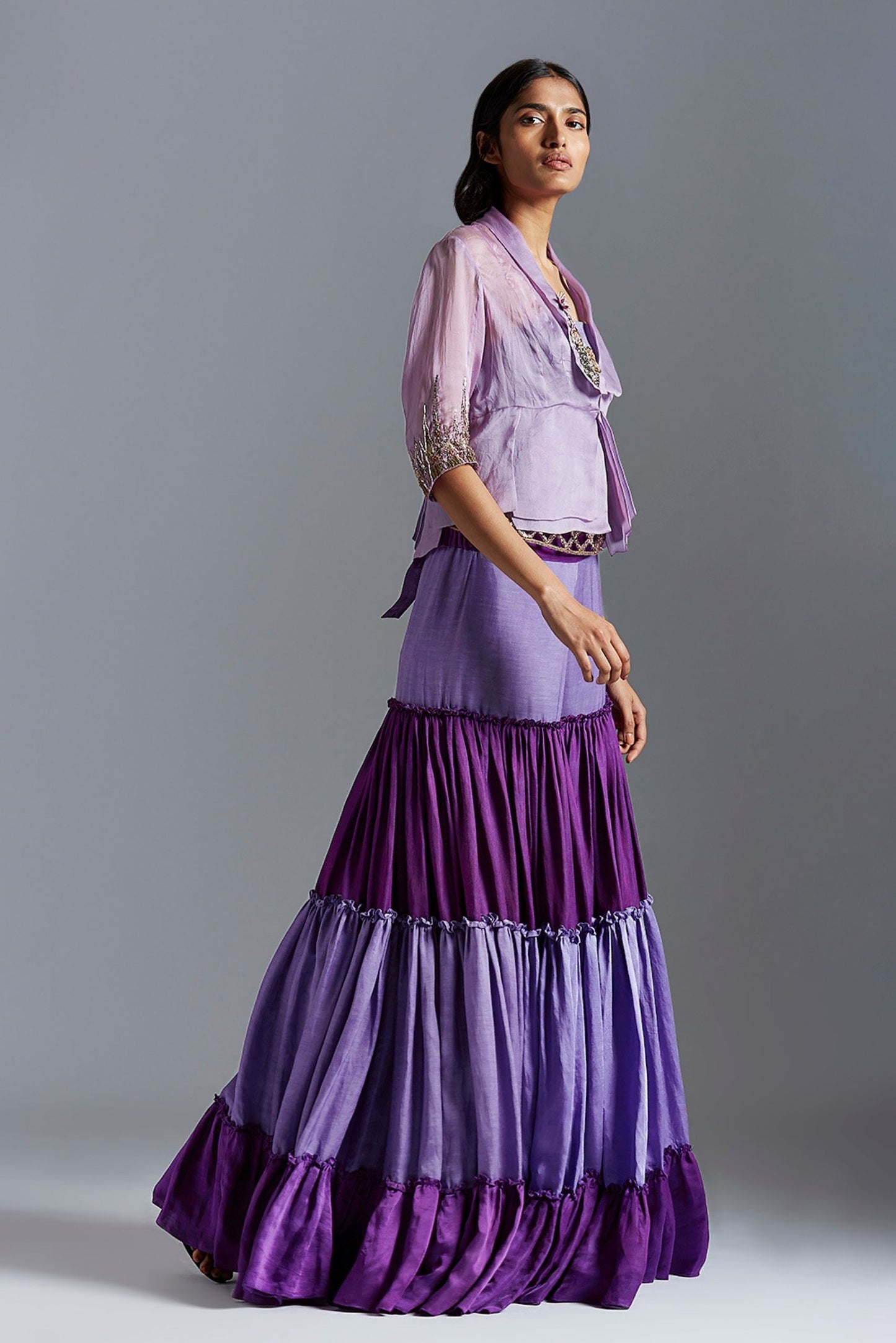 Blouse and sharara dress featuring pleated blouse with lotus-inspired embroidery and two-tone hues for a chic designer look