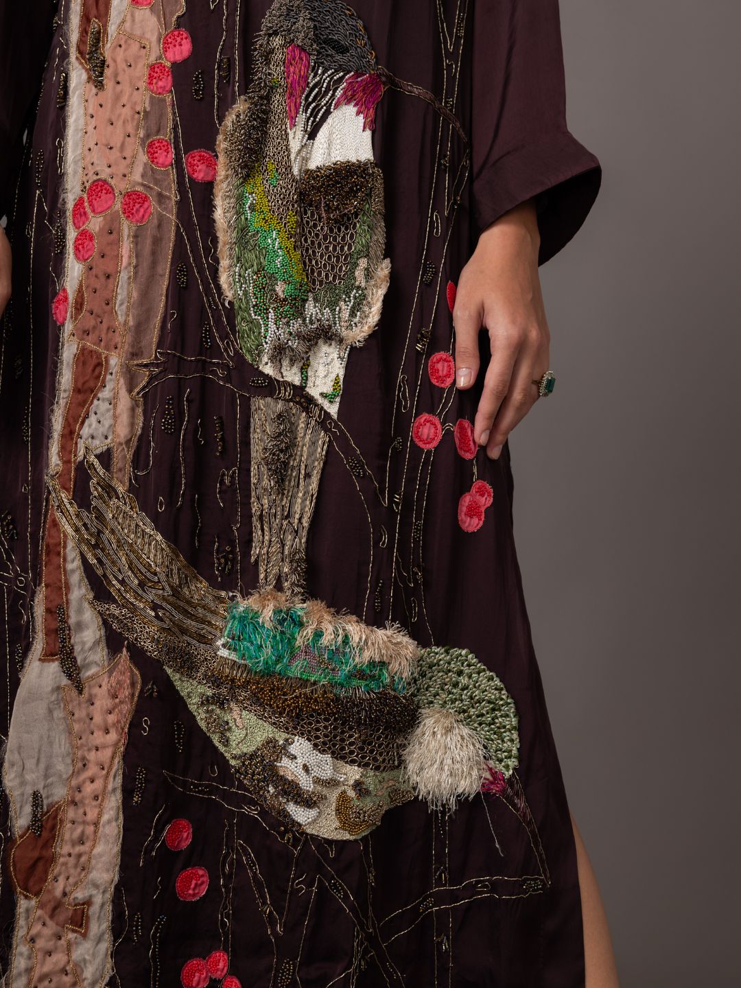 Designer Humming Bird Kaftan with exclusive handmade embroidery and 3D zardosi accents for women’s couture