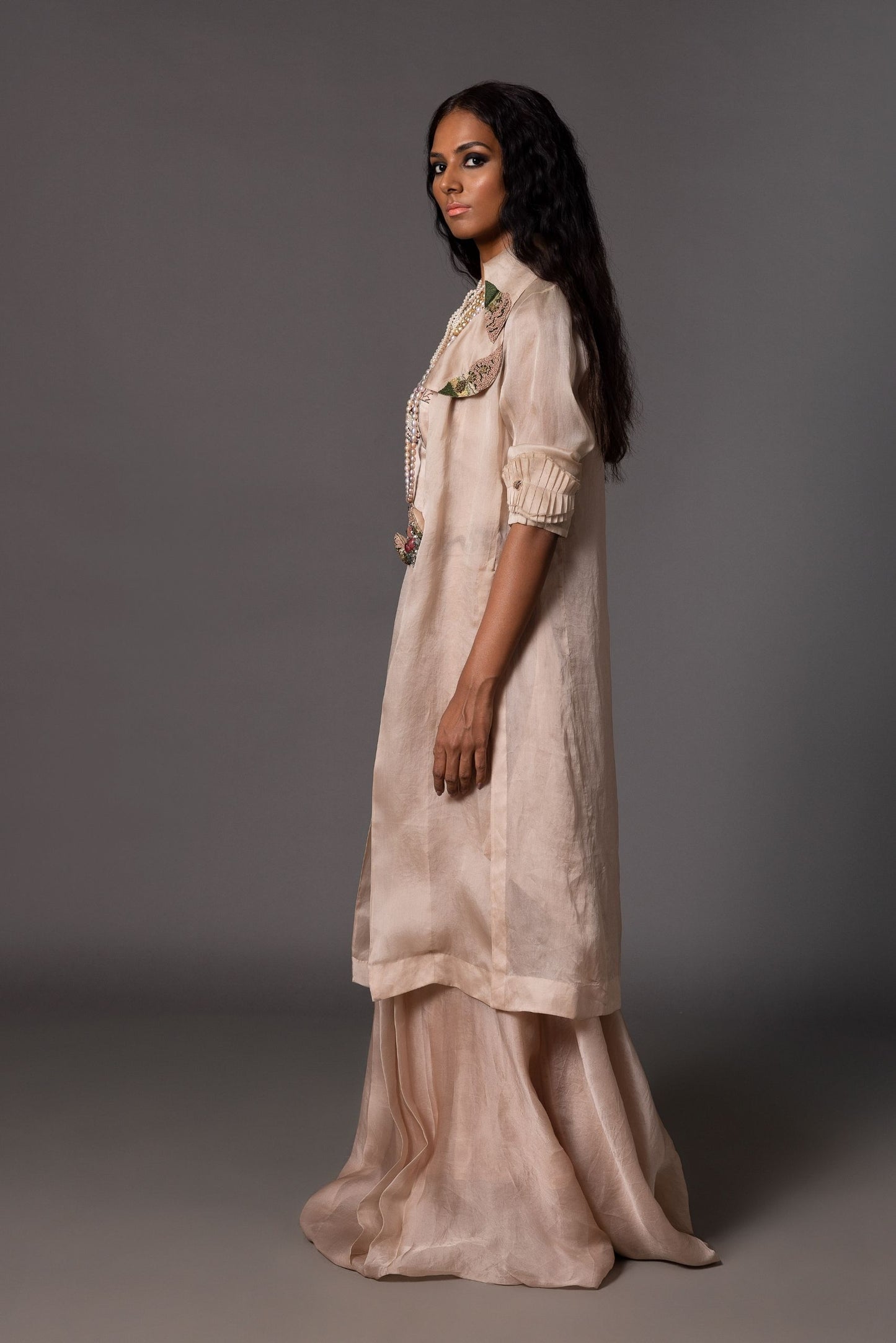Side View of Grey Carpet Embroidered Jacket - Modern and Stylish with Hand-Embroidered Lapels