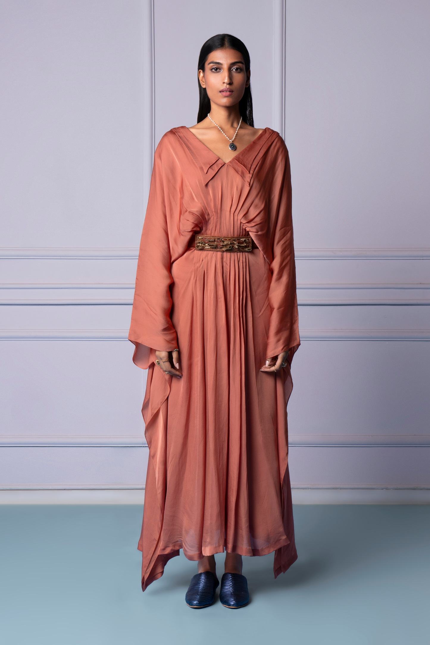 Elegant double-collared kaftan dress for women, featuring rosewood pleats, embroidered belt, and modern party wear style