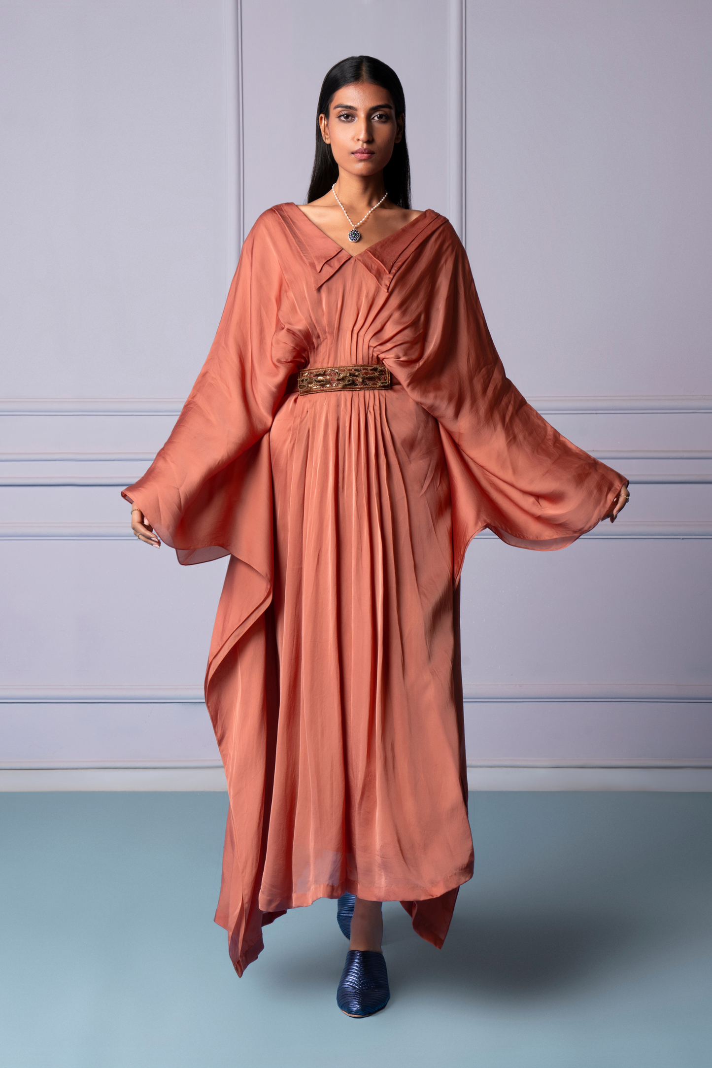 Elegant double-collared kaftan dress for women with rosewood pleats and embroidered belt, perfect for modern kaftan party wear