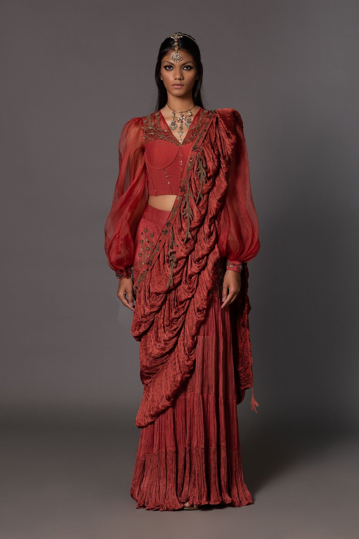 Elegant Sari, Corset Blouse & Skirt Set for Women - Red Chiffon Sari, Corset Blouse with Bishop Sleeves, and Layered Skirt