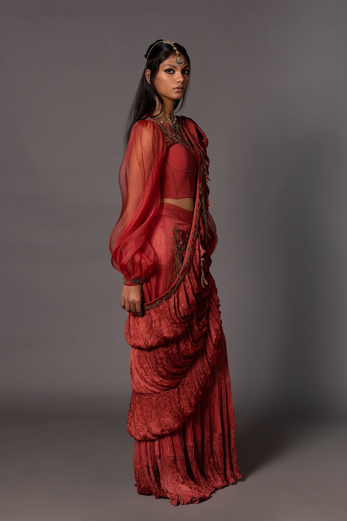 Elegant Sari, Corset Blouse & Skirt Set for Women - Red Chiffon Sari, Corset Blouse with Bishop Sleeves, and Layered Skirt with 3D Zardosi Embroidery
