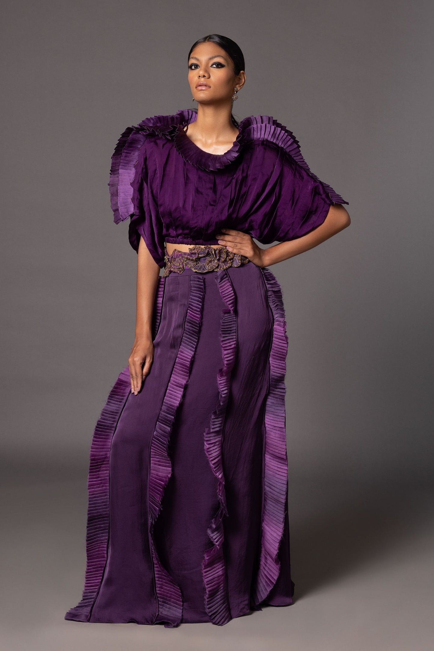 Purple Mushroom Top with satin organza pleating paired with a dip-dyed frill skirt, a designer set perfect for stylish occasions and parties