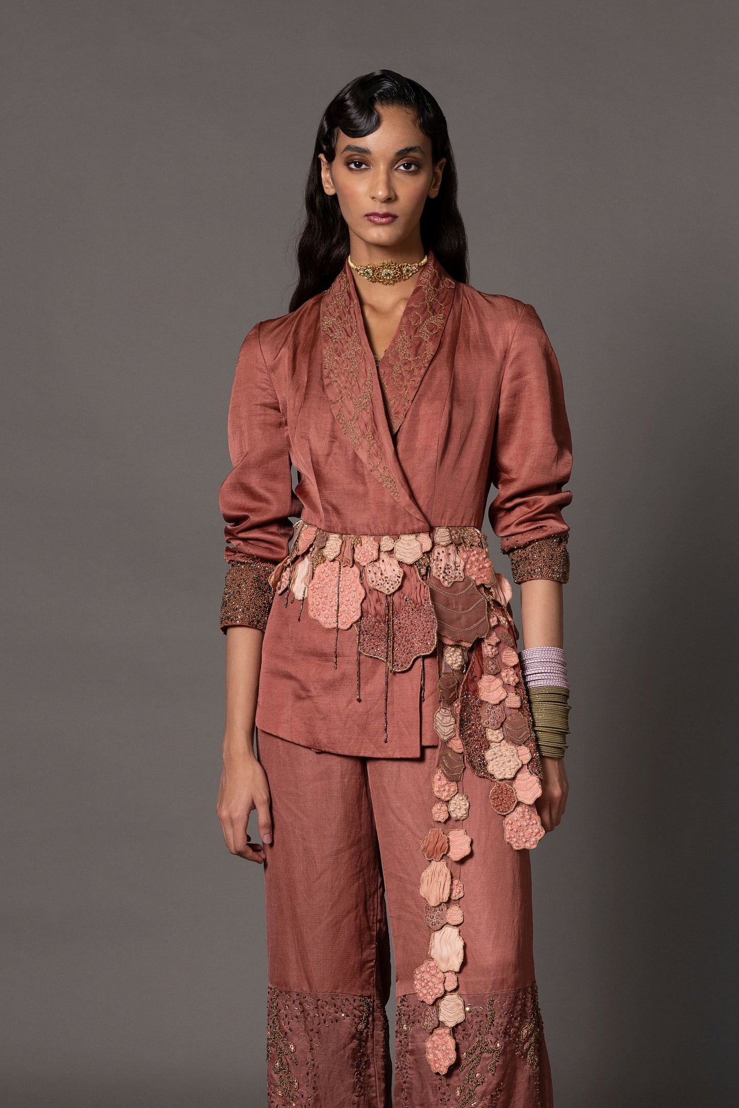 Desert Rose Terracotta Designer Jacket for Women - Featuring 3D Beadwork, Hand Embroidery, and Tailored Silhouette