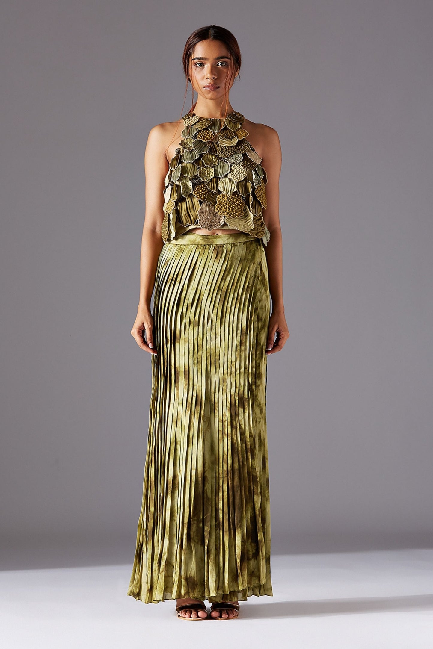 Designer Women's Top Worn by Model - Satin Organza with 3D Embroidery and Hand-Pleated Textures
