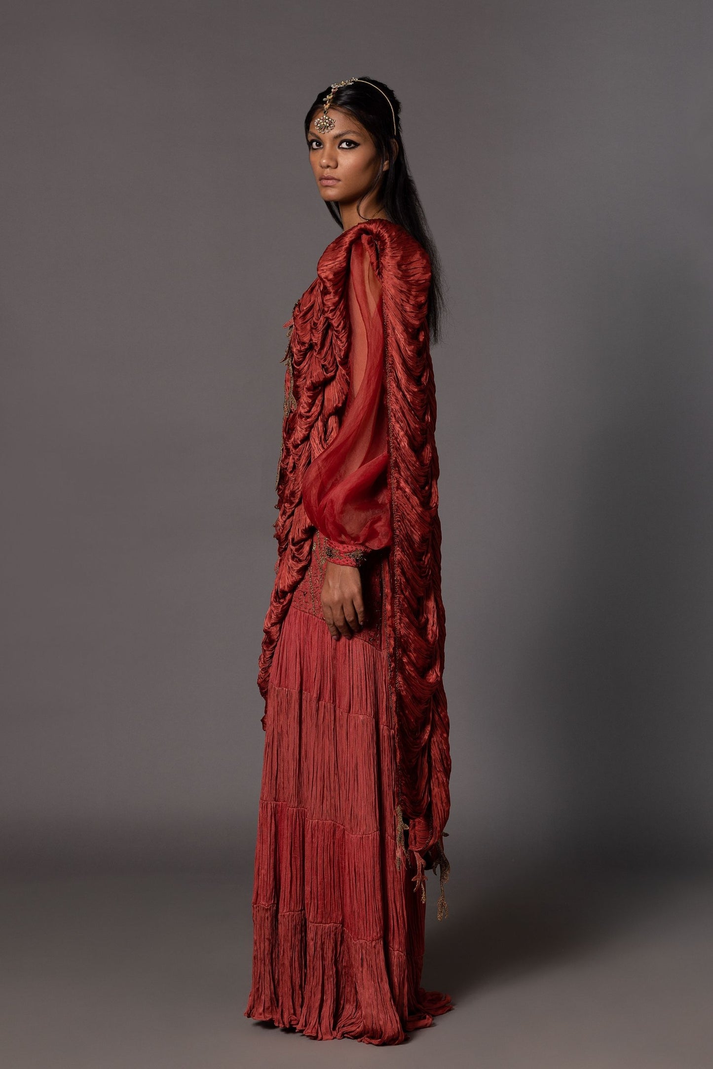 Side View of Elegant Sari, Corset Blouse & Skirt Set for Women - Red Chiffon Sari and 3D Zardosi Skirt