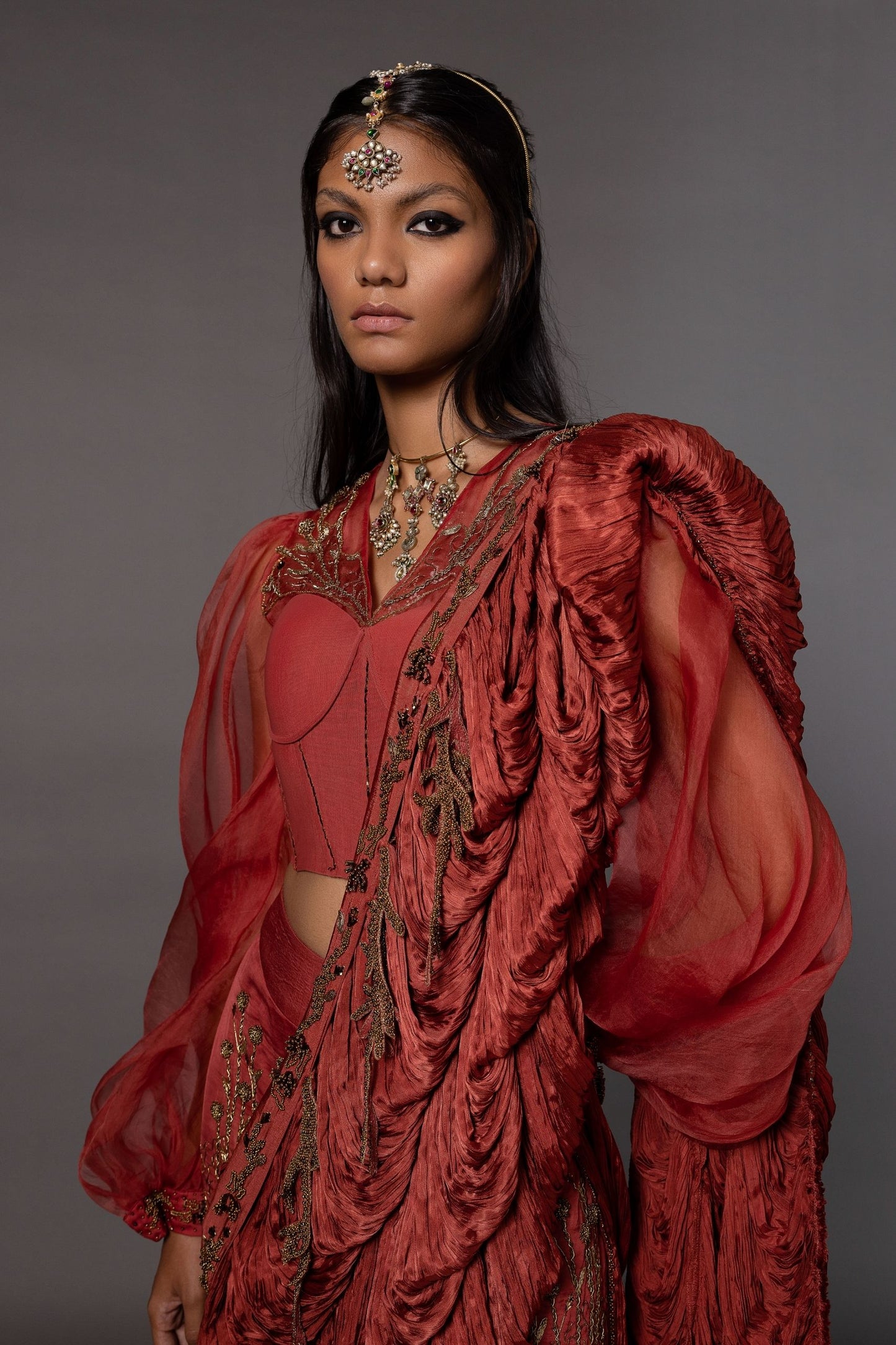 Corset Blouse with Bishop Sleeves and 3D Zardosi Embroidery on Skirt from Elegant Sari Set