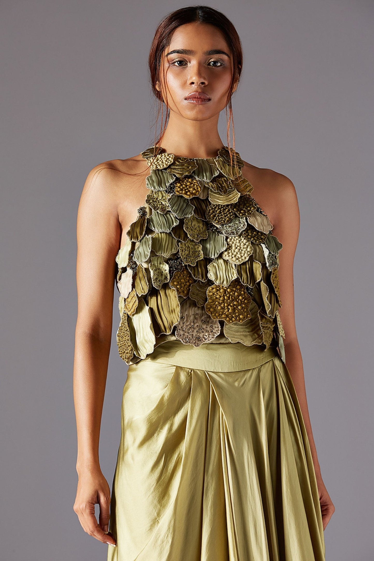 Modern Satin Organza Designer Women's Top with 3D Hand-Embroidered Leaves and Hand-Pleated Textures