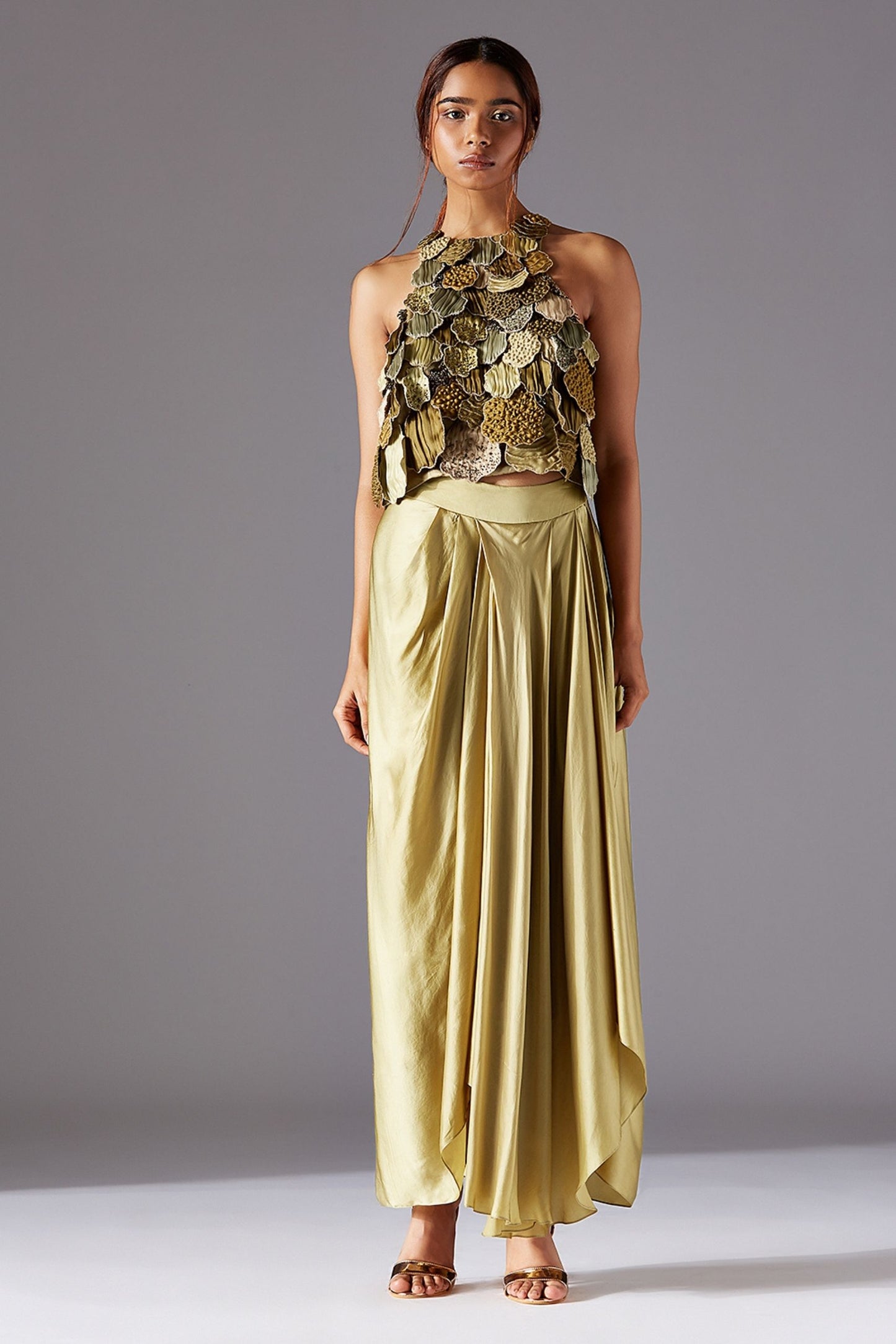 Full View of Designer Women's Top - Modern Satin Organza with 3D Embroidery and Pleated Textures