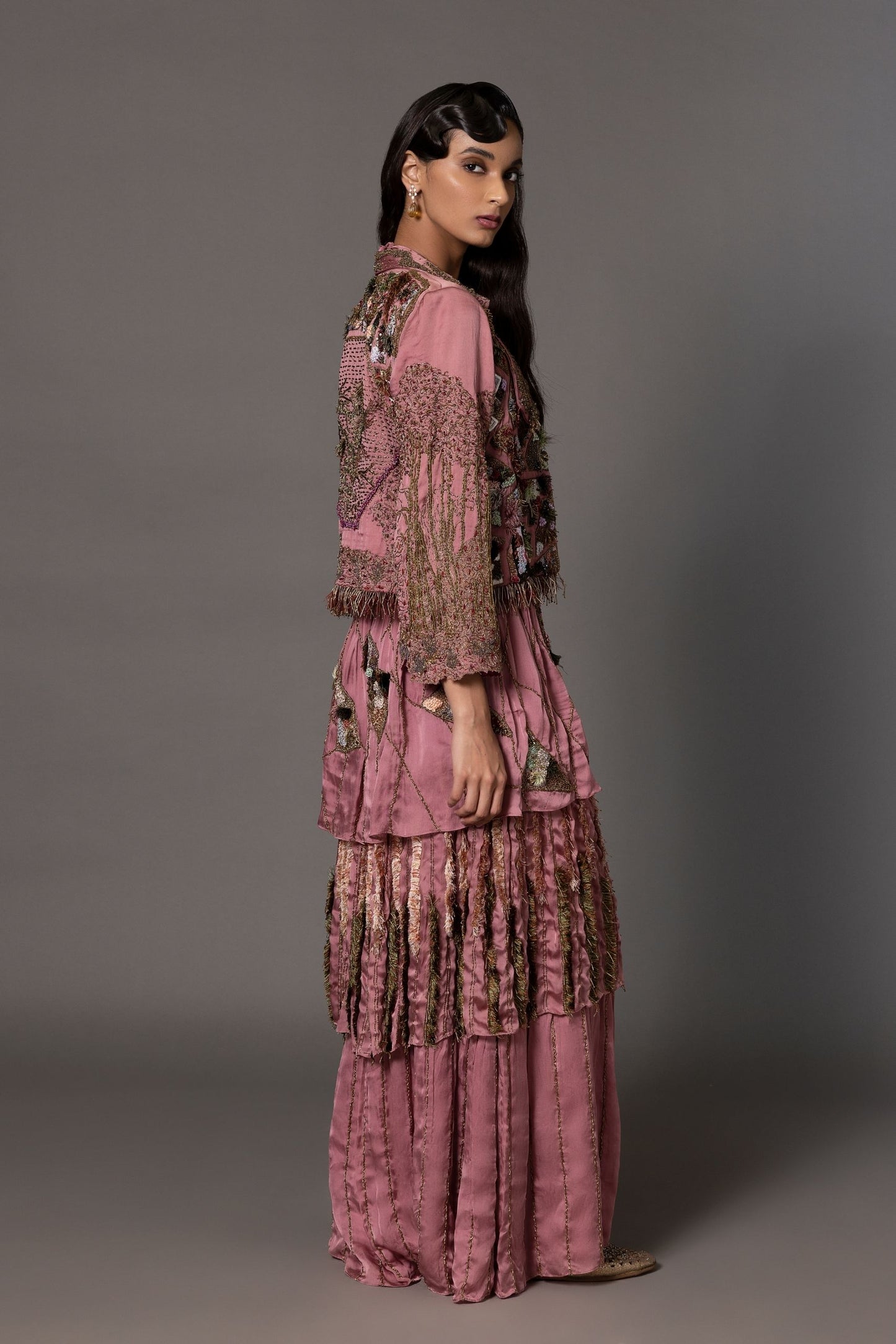 Side View of Dusty Pink Corset Gown with Satin Organza Embroidered Jacket - Elegant and Modern Design