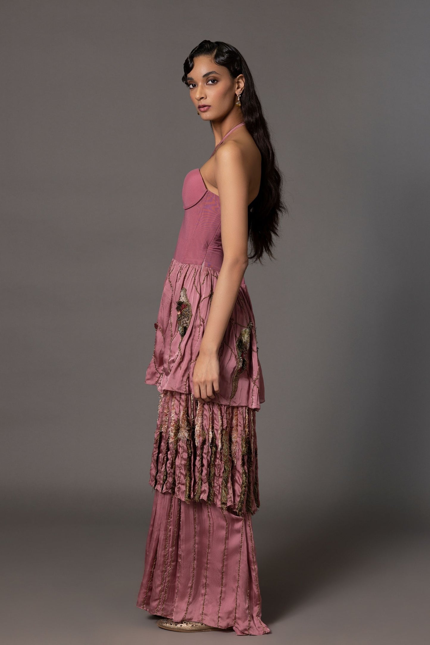 Side View of Dusty Pink Corset Gown - Detailed Jacobean Embroidery and 3D Metallic Accents