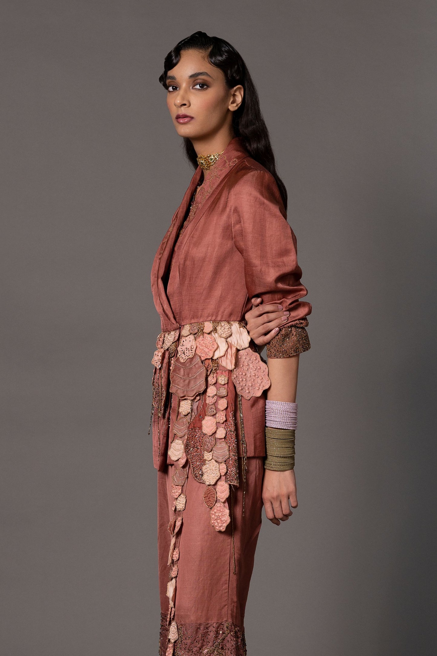 Desert Rose Terracotta Designer Jacket for Women - Stylish Tailored Jacket with 3D Beadwork and Hand Embroidery