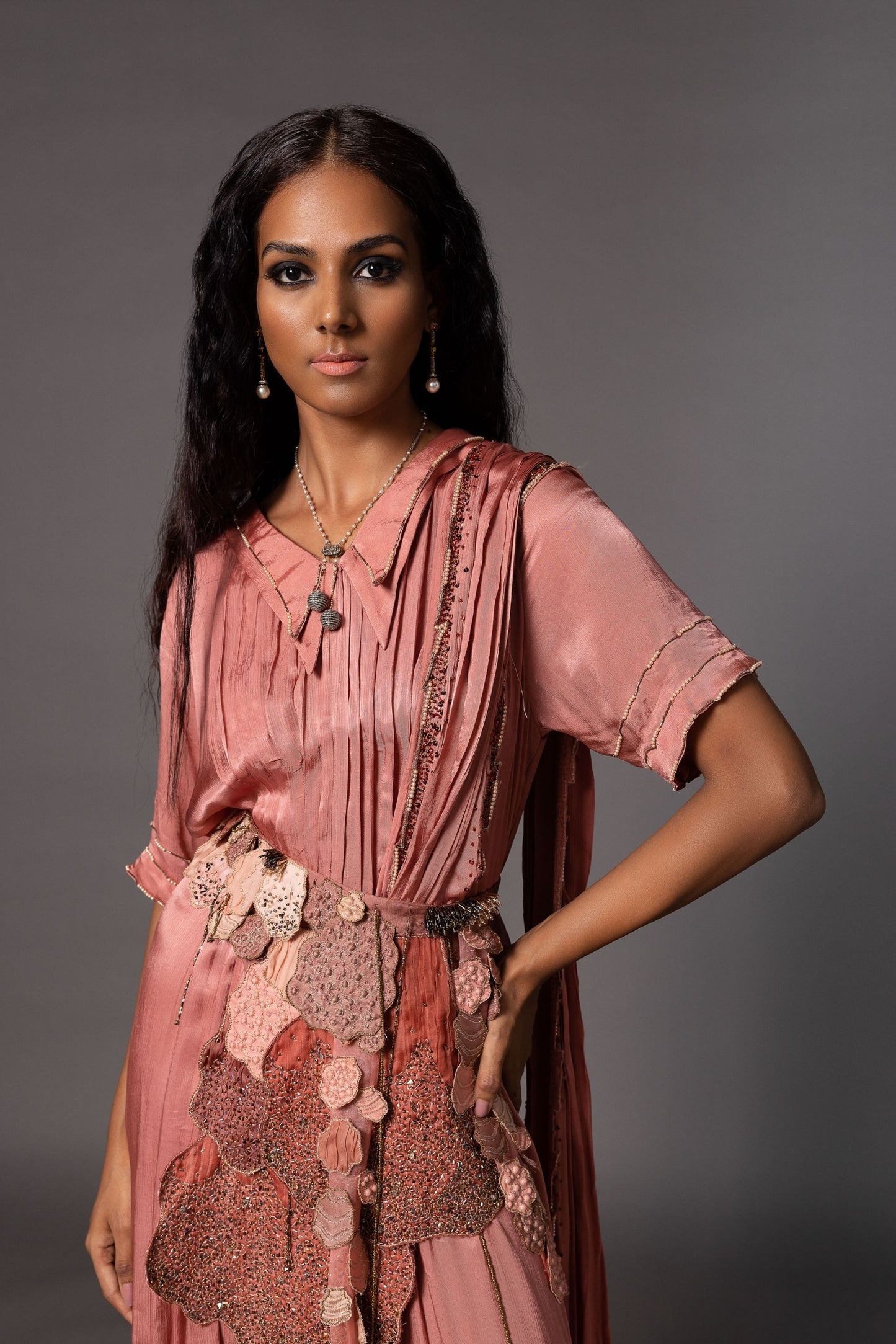 Close-up of Hand-Embroidered Belt on Desert Rose Kaftan Saree with Pleats and Double Collar