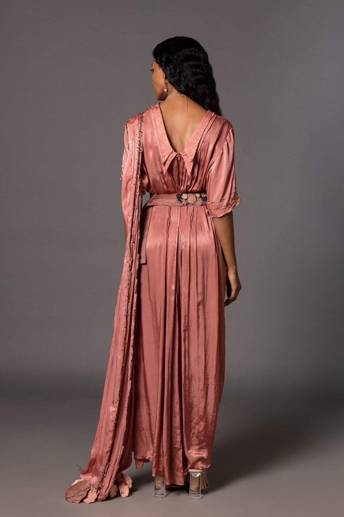 Back View of Desert Rose Kaftan Saree - Elegant Design with Hand-Embroidered Belt and Double Collar