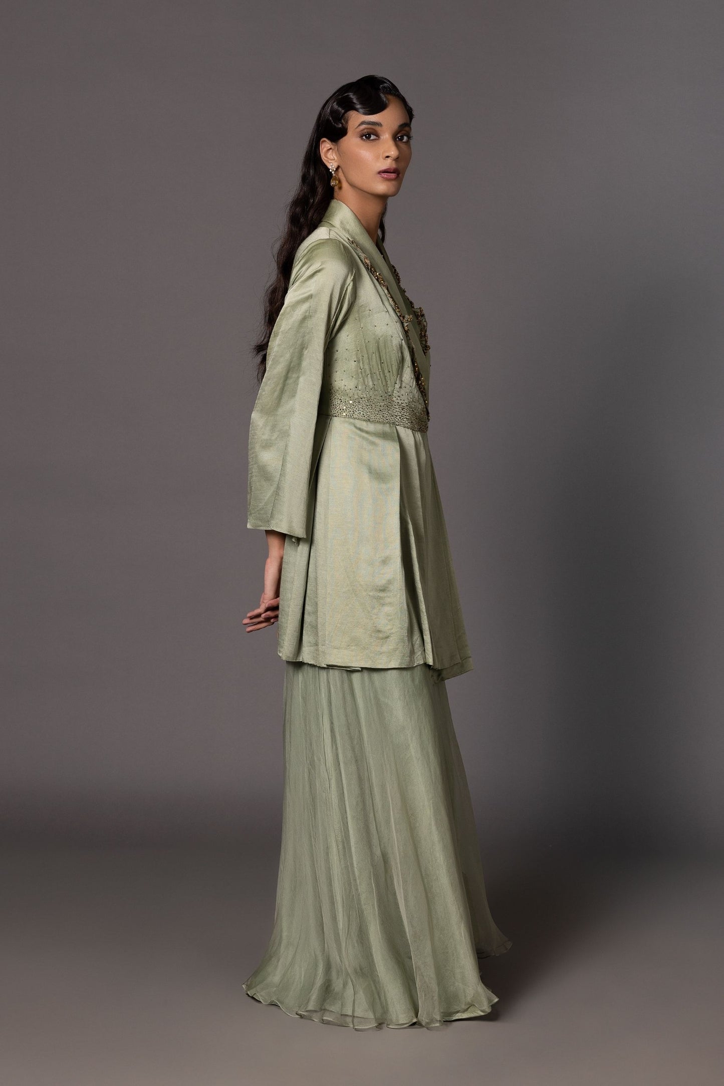 Side View of Hand Embroidered Mushroom Jacket with Flared Trousers - Modern Women’s Fashion
