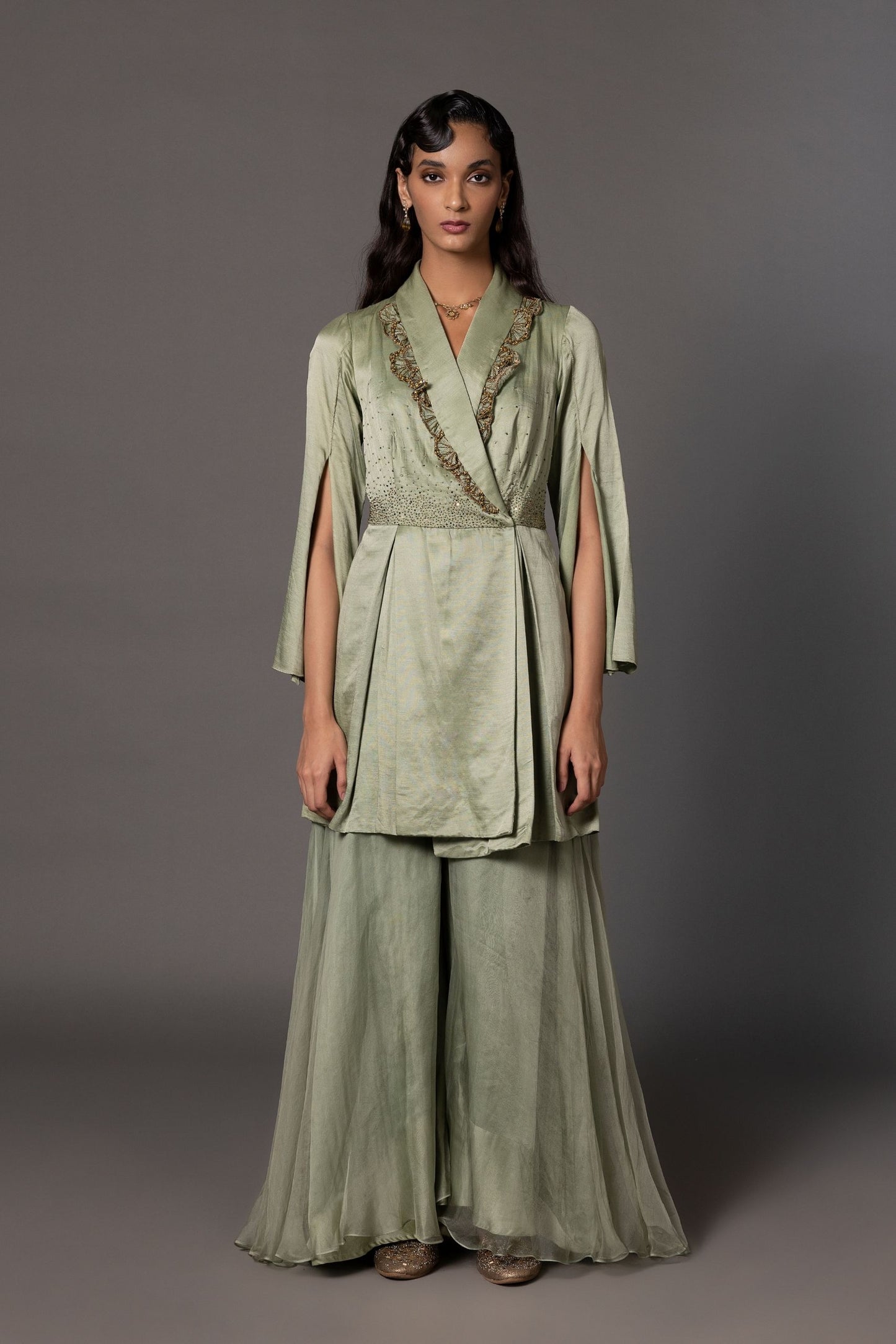 Hand Embroidered Mushroom Jacket with 3D Embroidery and Beadwork, Paired with Stylish Flared Trousers for Women
