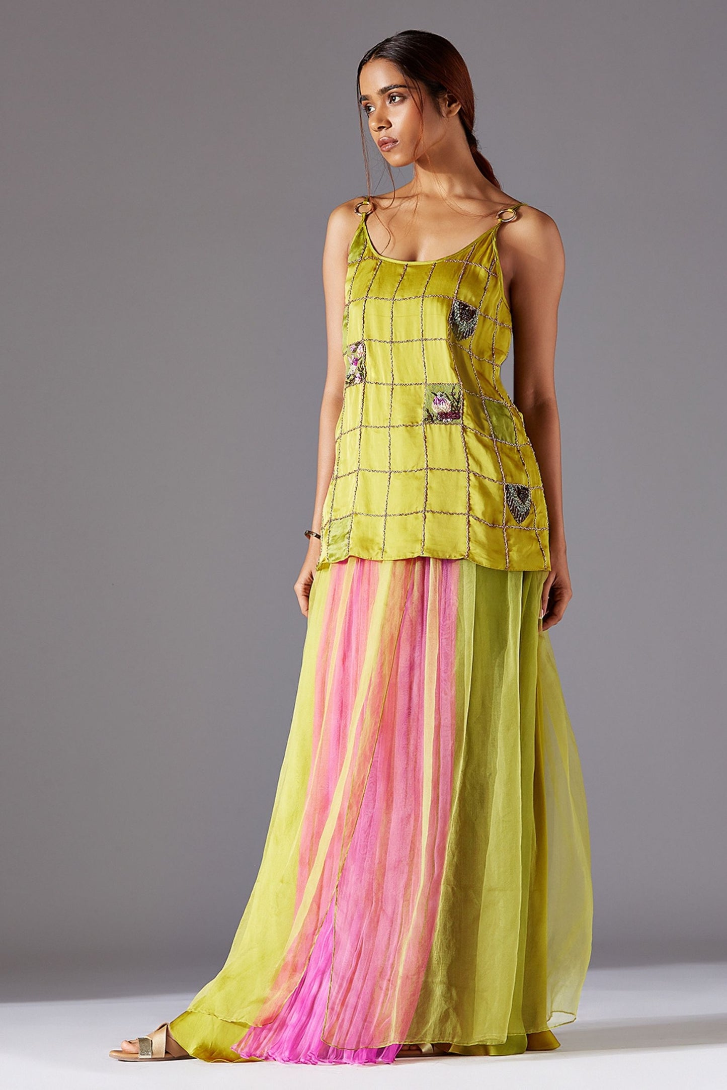 Elegant organza long skirt and loose-fit spaghetti top set for women, featuring handwork details and a modern design