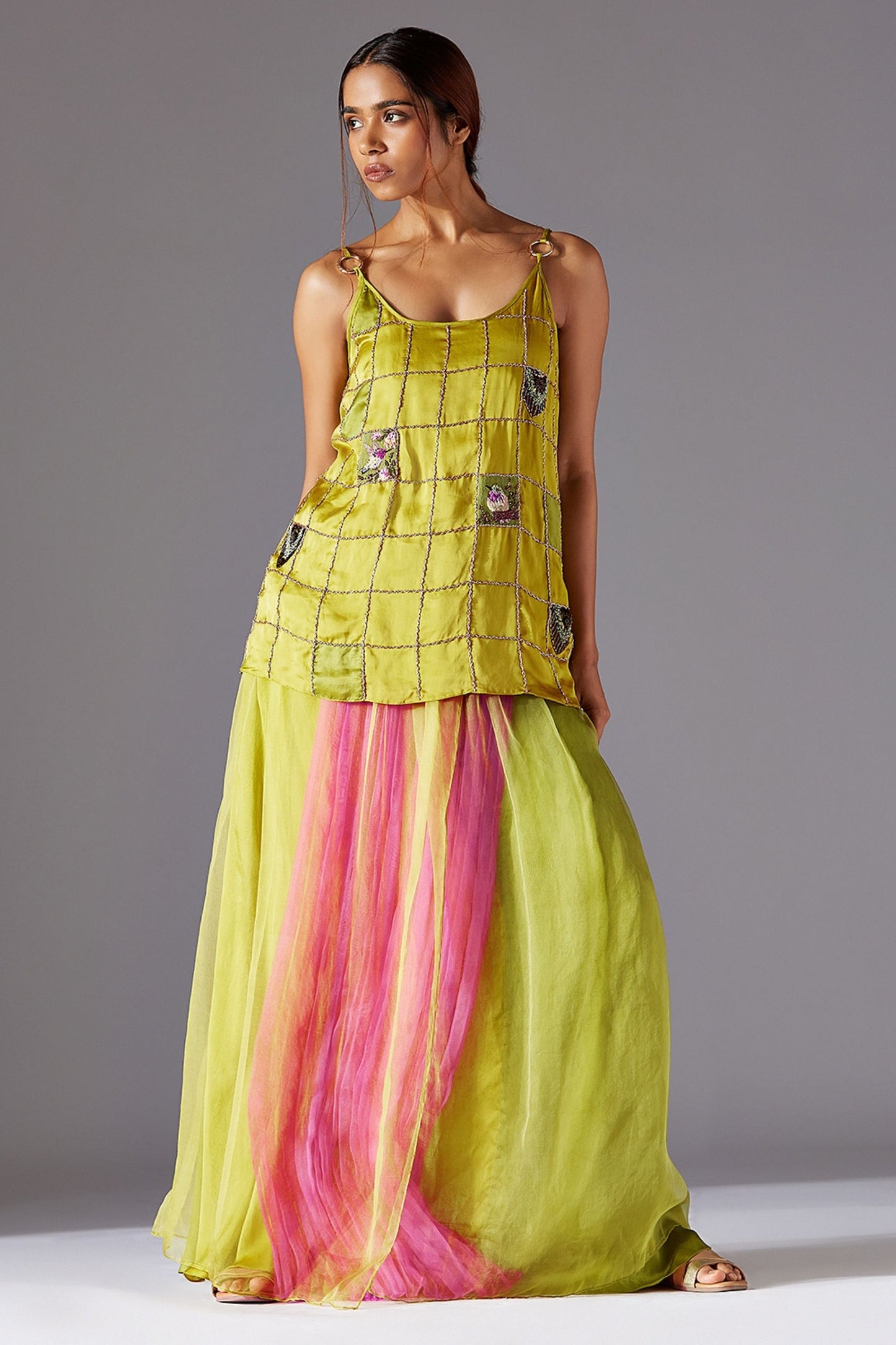 Full-length image of the skirt and top set for women, highlighting the flowy organza long skirt and the chic spaghetti top