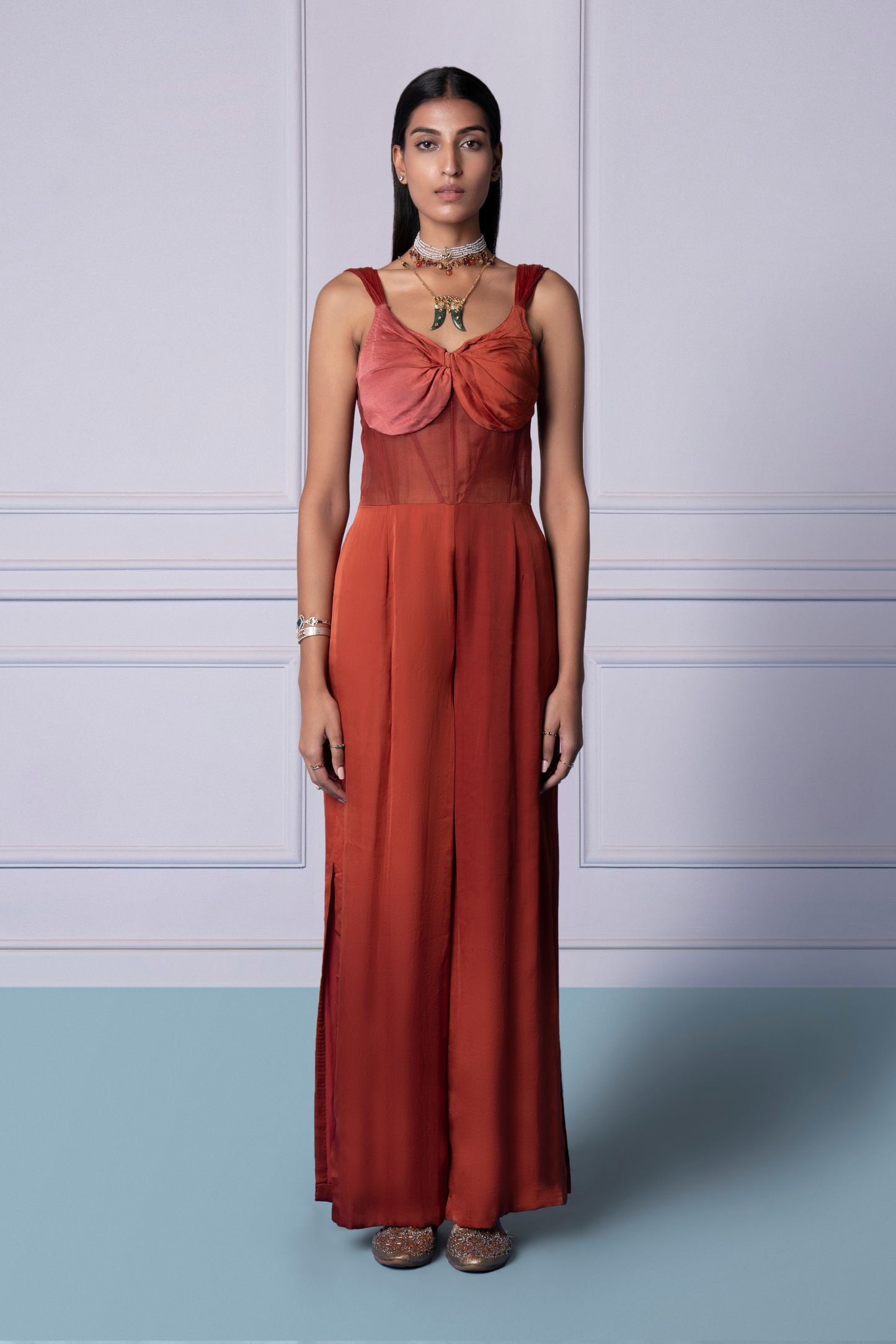 Namib party jumpsuit for women with knotted bodice, sheer corset, and side slits