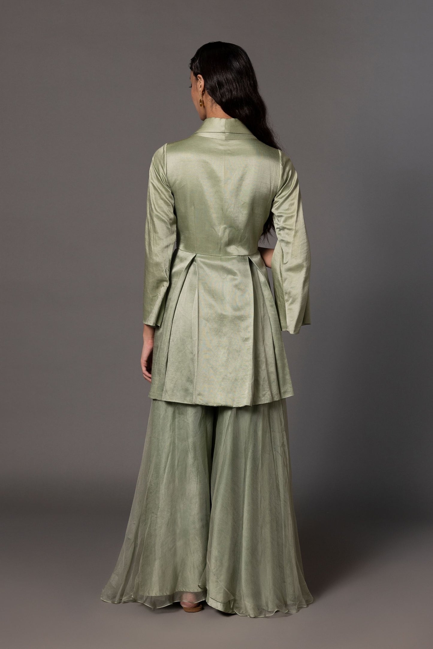 Back View of Mushroom Jacket and Flared Trousers Set - Detailed Embroidery on the Jacket