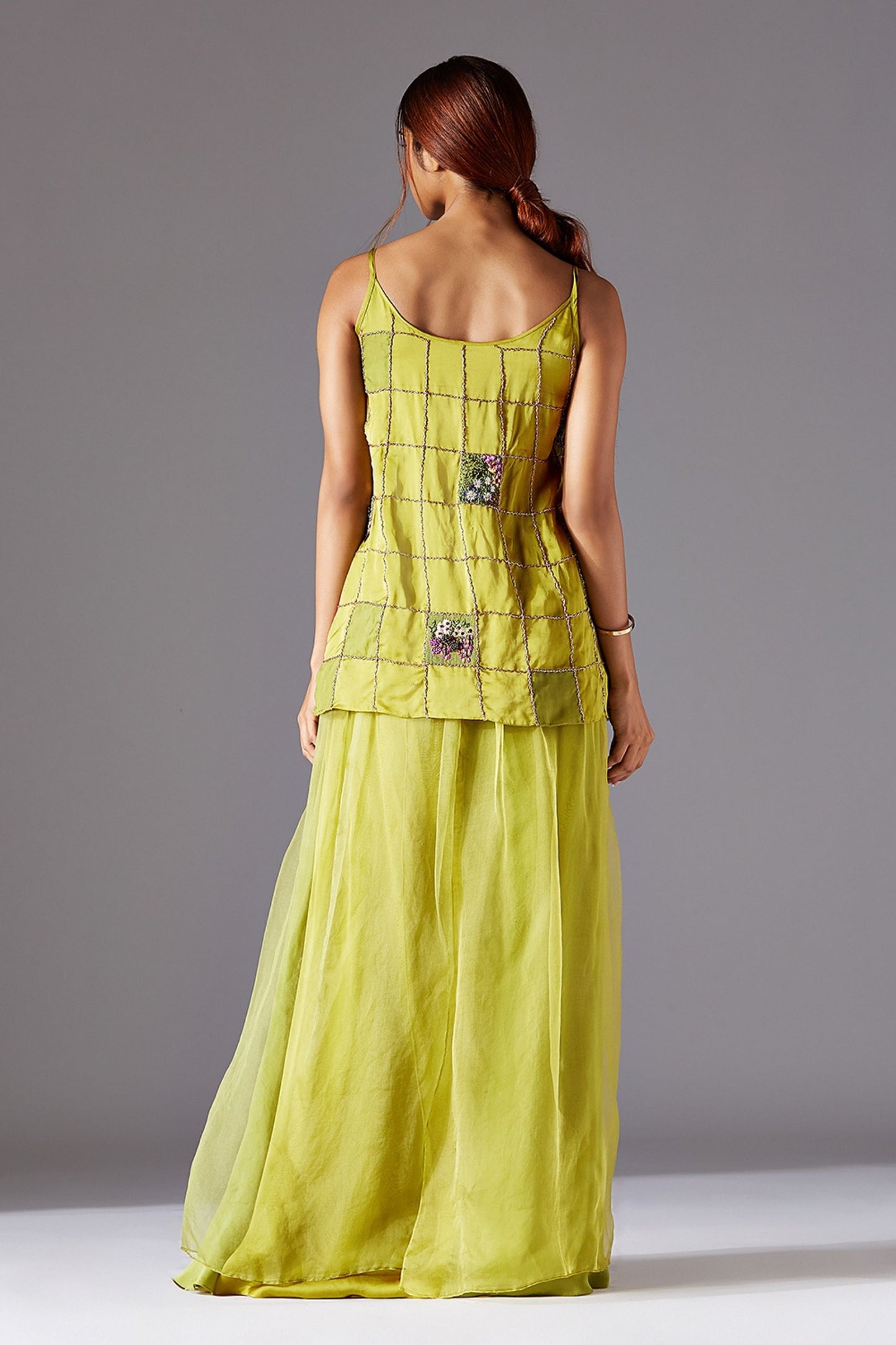 Back view of the organza long skirt set for women, emphasizing the tailored finish and elegant design