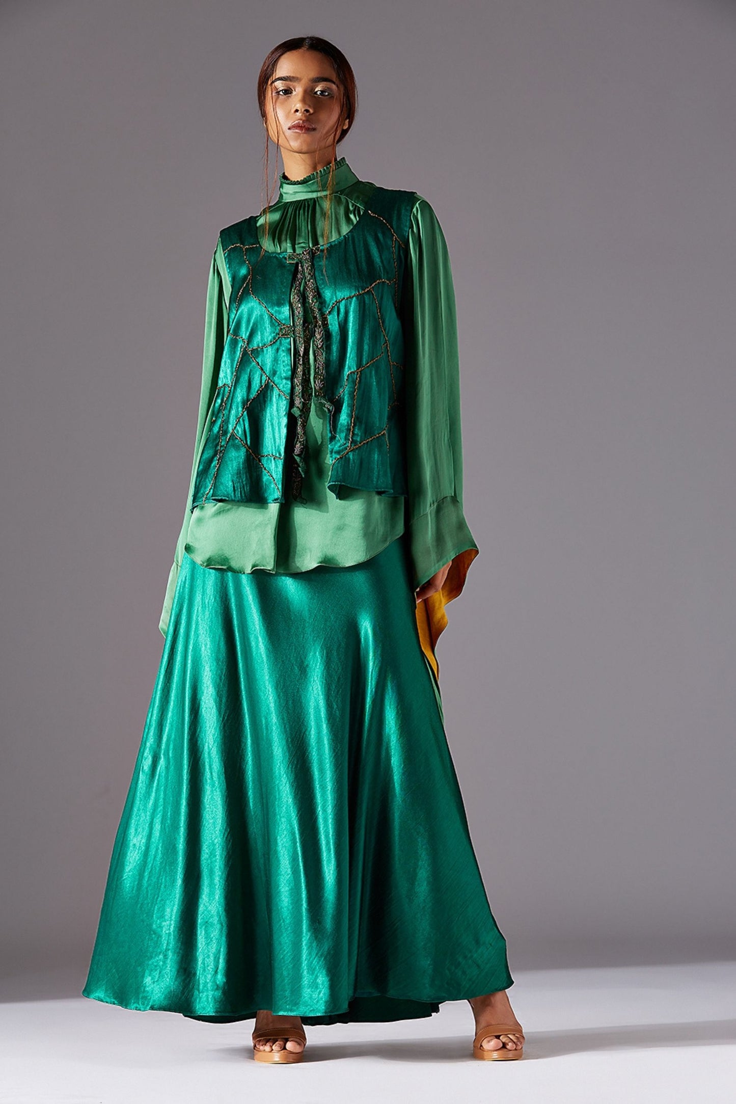 Full-length image showcasing the complete jacket skirt set for women, including the kimono shirt, flared skirt, and matching jacket