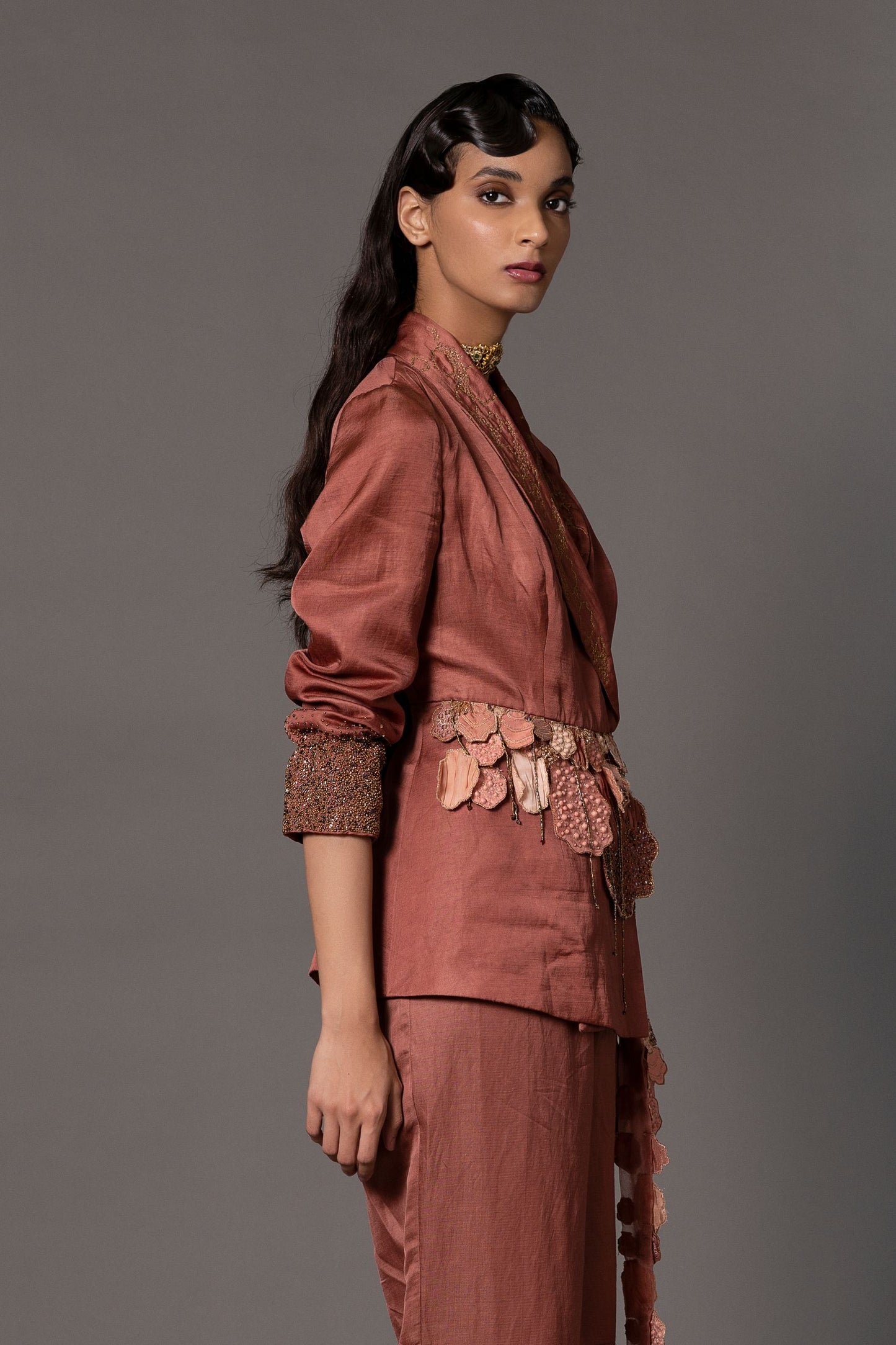 Side View of Desert Rose Terracotta Jacket for Women - Showcasing the Tailored Fit and 3D Beadwork
