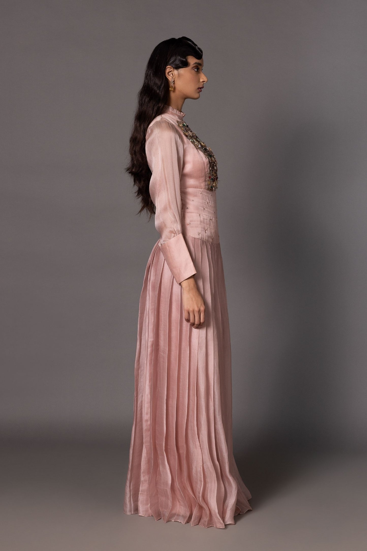 Side View of Victorian Pink Gown - Stylish Long Dress with Pleated Lower and Fitted Belt