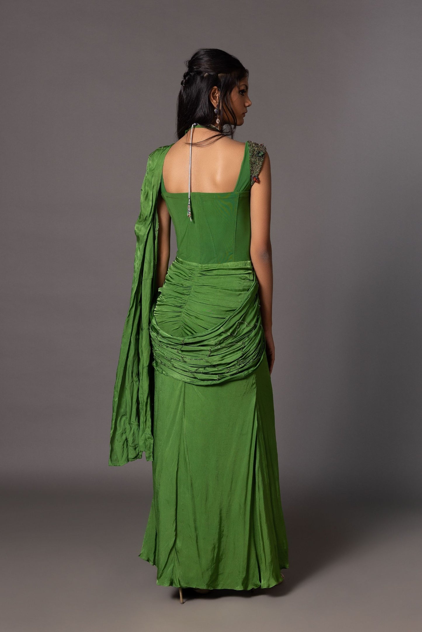 Back View of Kalbeliya Emerald Green Corset Modern Pre-Draped Sari