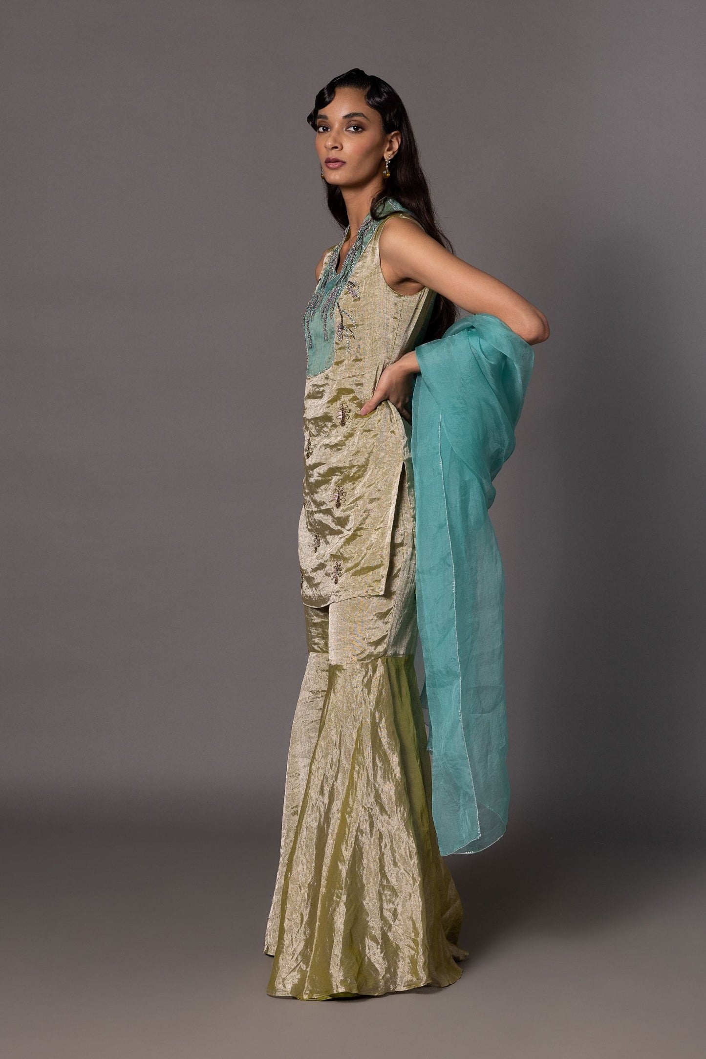 Modern Gujri Tissue Kurta Set for Women - Designer Kurta with Hand-Embroidered Floral Motifs, Gharara Trousers, and Organza Dupatta